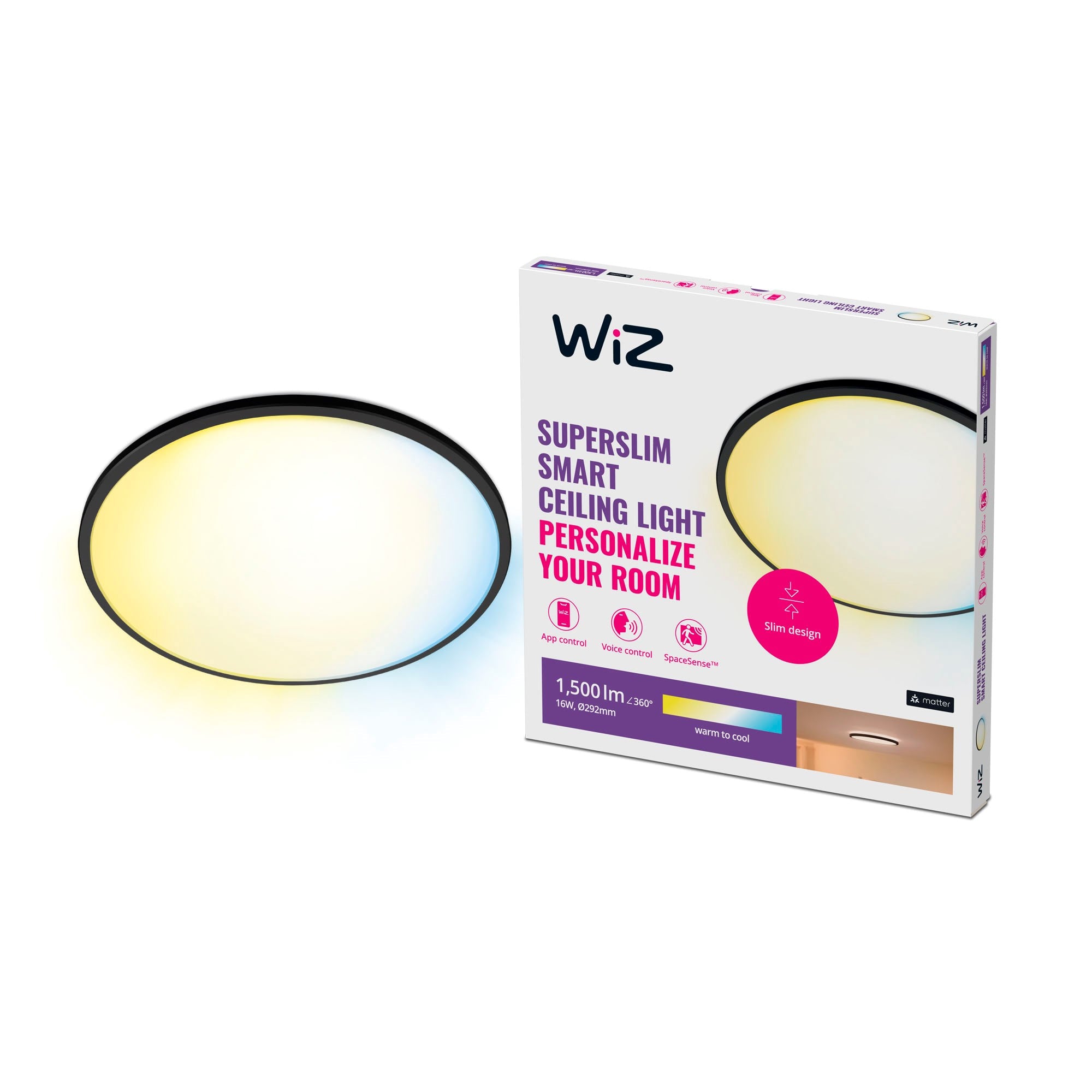 WiZ SuperSlim Smart Loftslampe Sort, 16W, Justerbar hvidt & Dæmpet lys Smart Home 929002685222