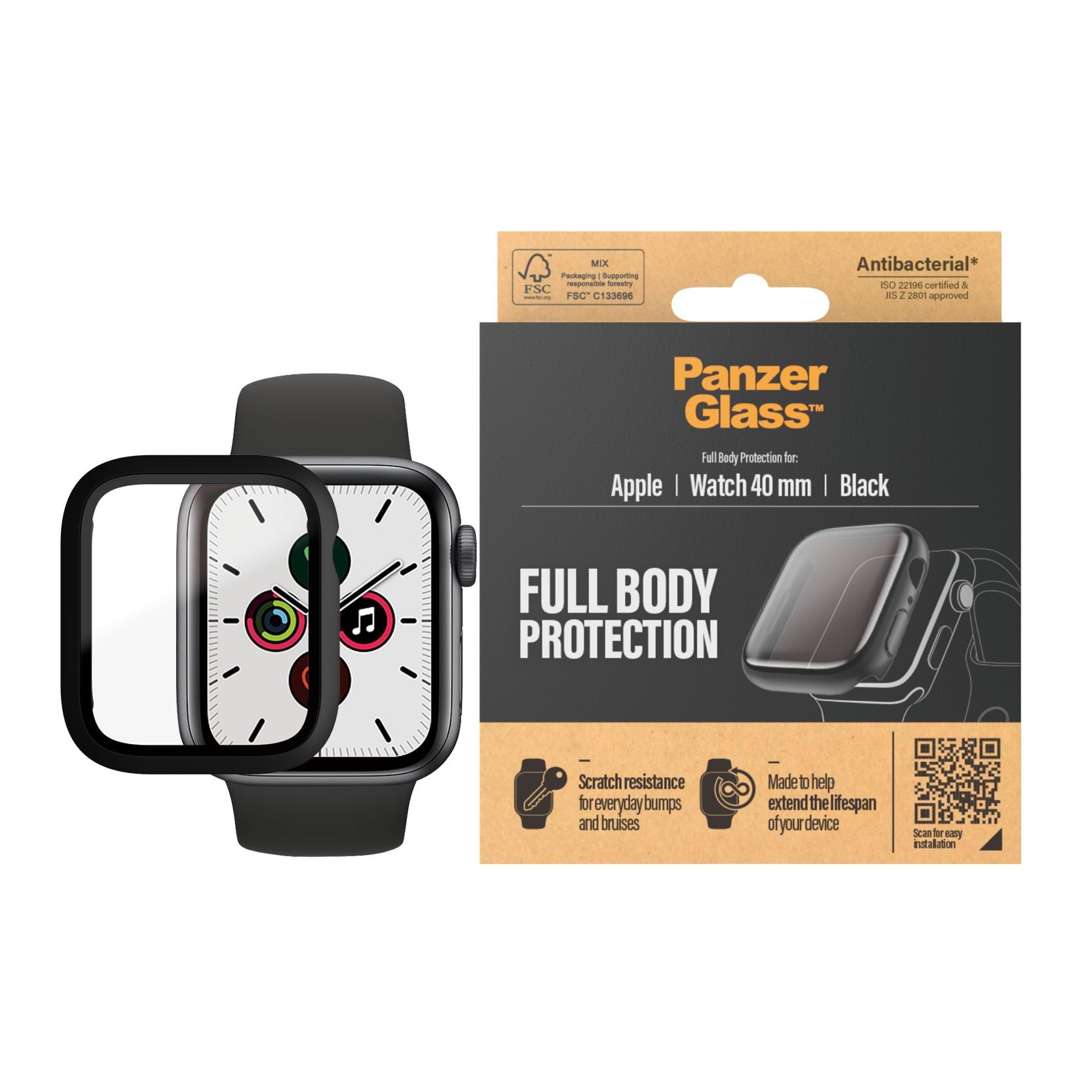 PanzerGlass Screen Protector Full Body Apple Watch Series 4 | 5 | 6 | SE 40mm | Black Smartwatch Tilbehør PANZER3640