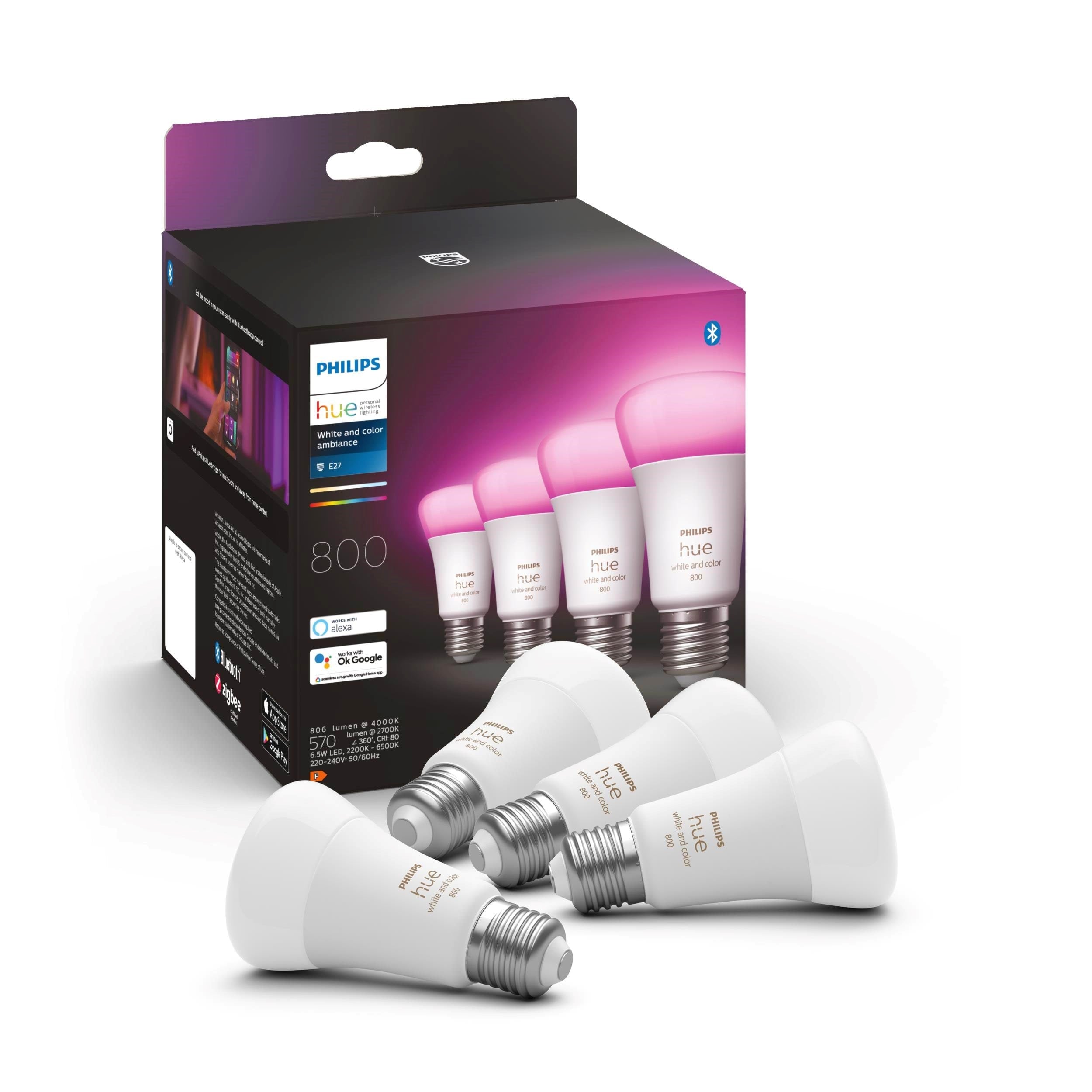 Philips Hue Color A60 E27 806 Lumen - 4-Pak Smart Home 929002489604
