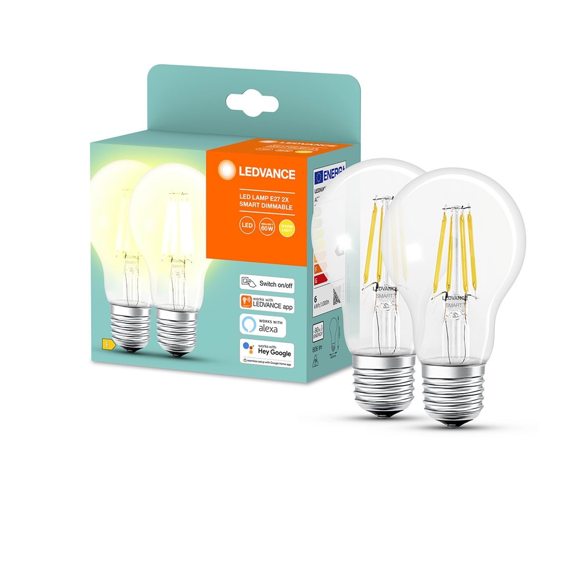 LEDVANCE SMART+ standard 60W - 827 klar filament E27 Bluetooth - 2-pakke
