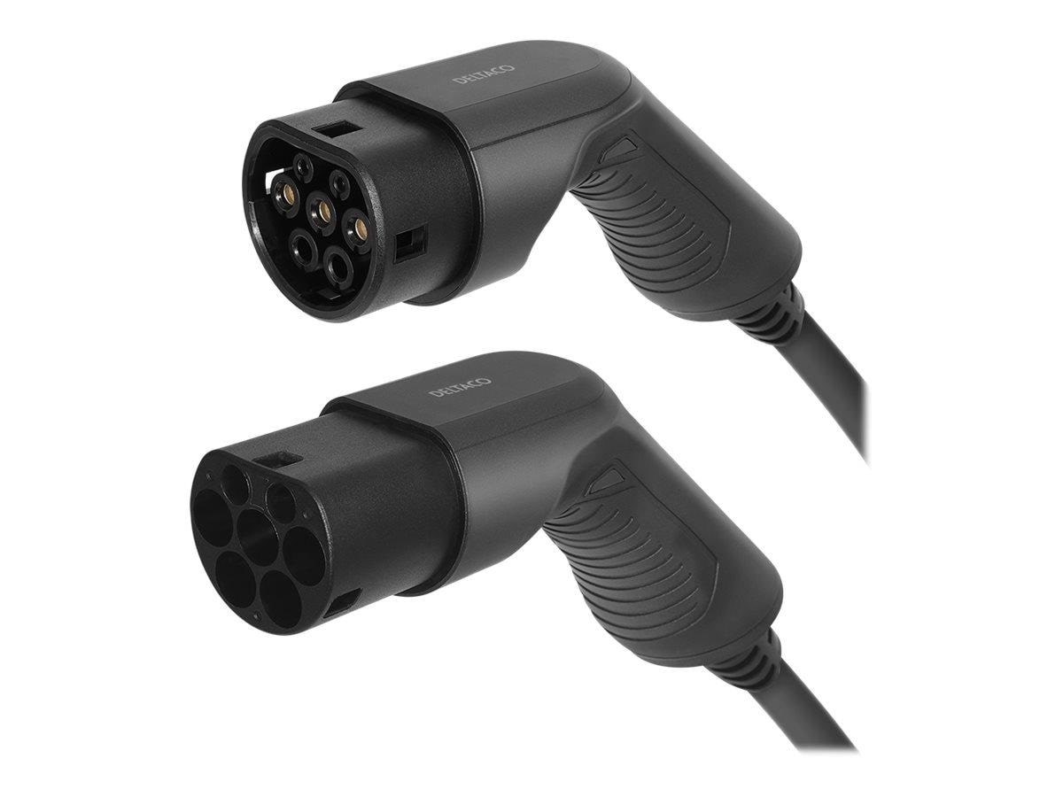 Deltaco e-Charge EV-3213 opladningskabel til elbiler, type 2 til type 2, 3 faser, 16 A, 11 kW, 3 meter, sort Ladeboks