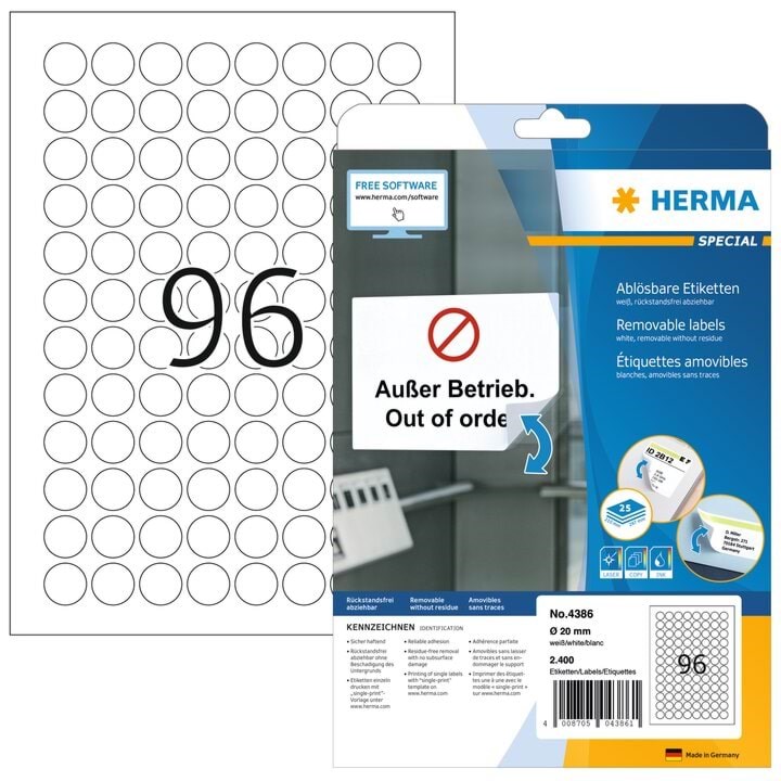 HERMA Removable labels A4 Ø 20 mm white Movables technology Fotopapir 4386