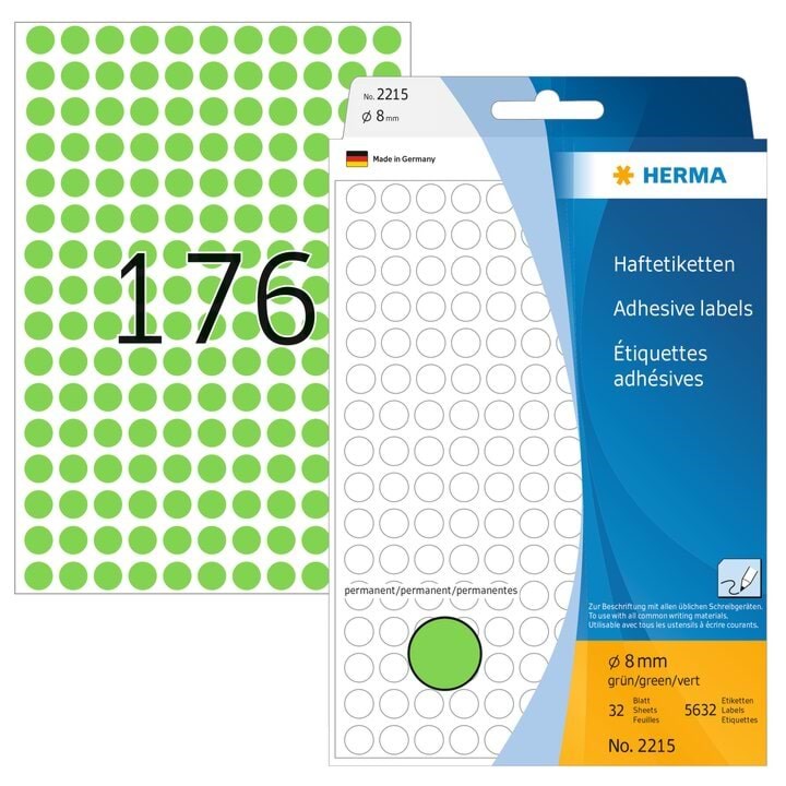 HERMA 2215 Multi-purpose labels / colour dots Ø 8 mm round green permanent adhesion for hand lettering Fotopapir