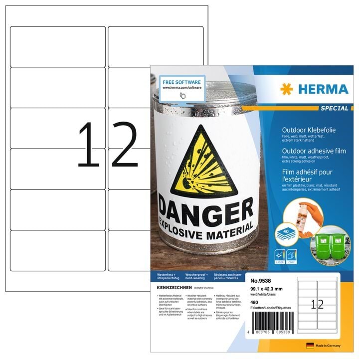 HERMA Weatherproof outdoor film labels A4 99.1 x 42.3 mm white Fotopapir 9538