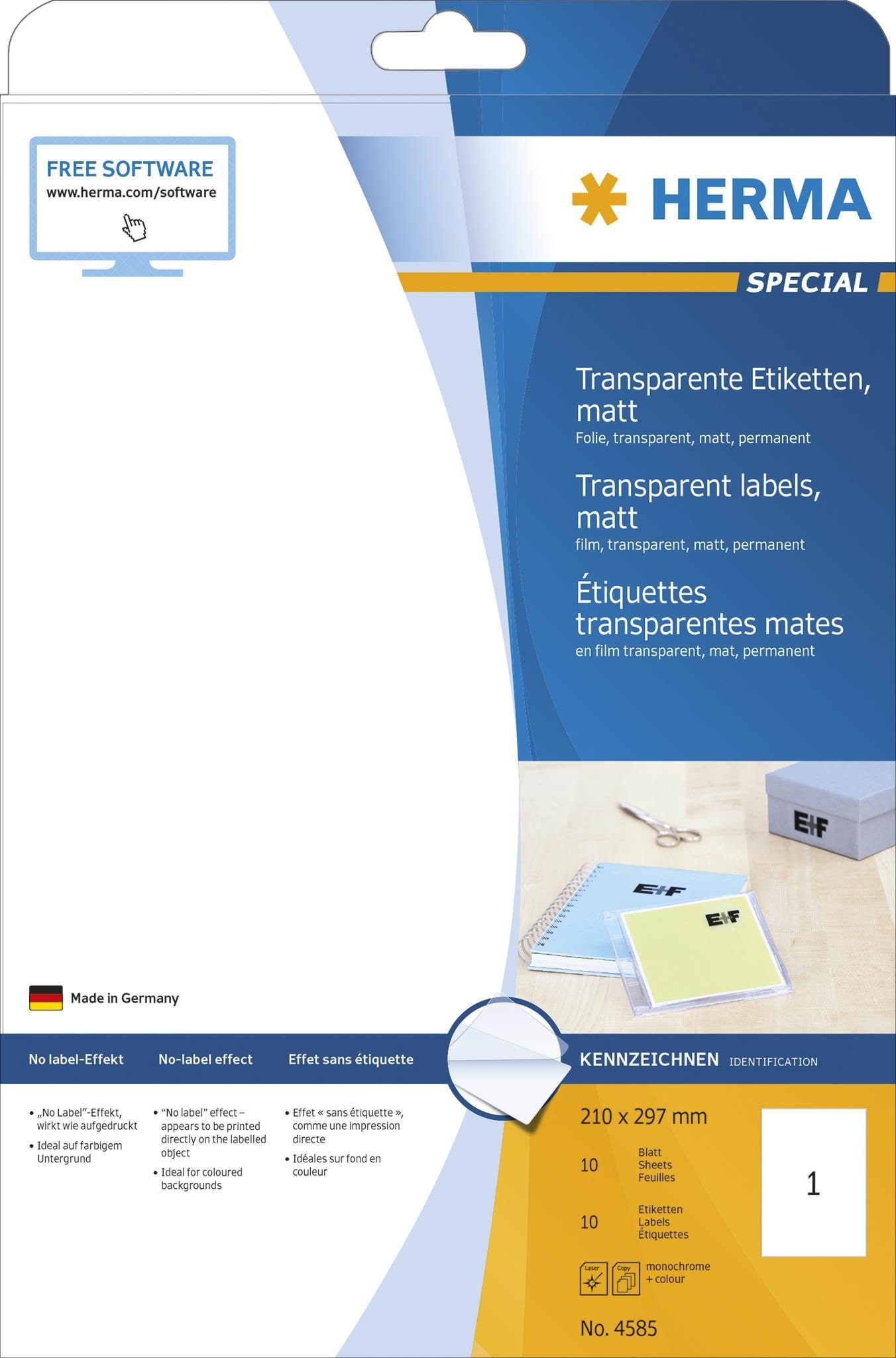 HERMA Transparent film labels matt A4 210 x 297 mm weatherproof permanent adhesion Fotopapir 4585