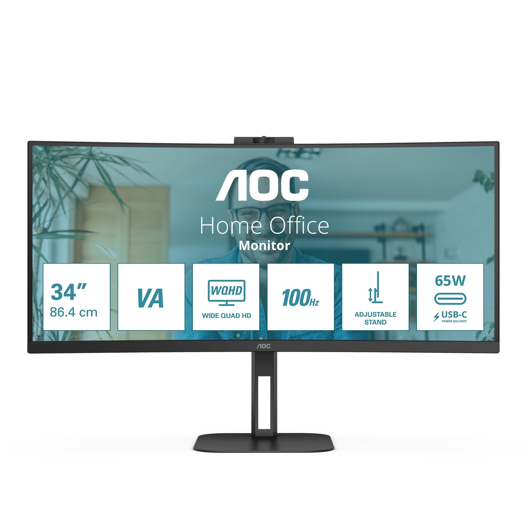 34" AOC CU34V5CW - 3440x1440 (UWQHD) - 100Hz - VA - 65W USB-C Computerskærm Black CU34V5CW/BK