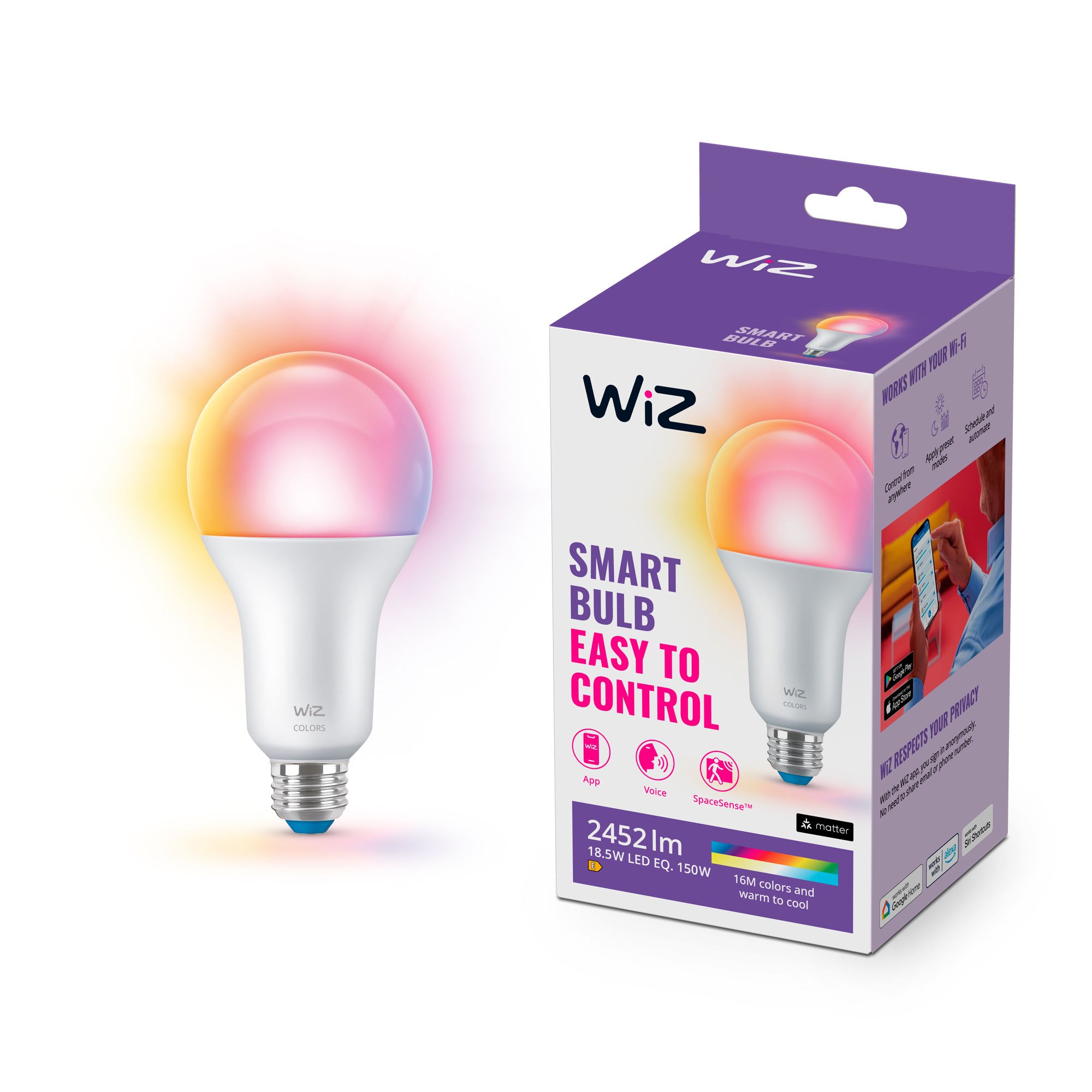 WiZ Full Color A80 E27 Smart LED-pære (150W) - RGB/16 millioner farver + dæmpbart hvidt LED-lys