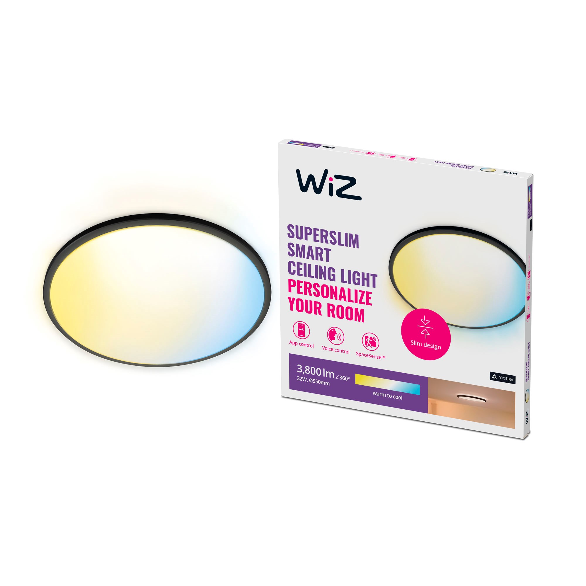 WiZ SuperSlim Smart Loftslampe Sort, 32W, Justerbar hvidt & Dæmpet lys Smart Home 929003227001