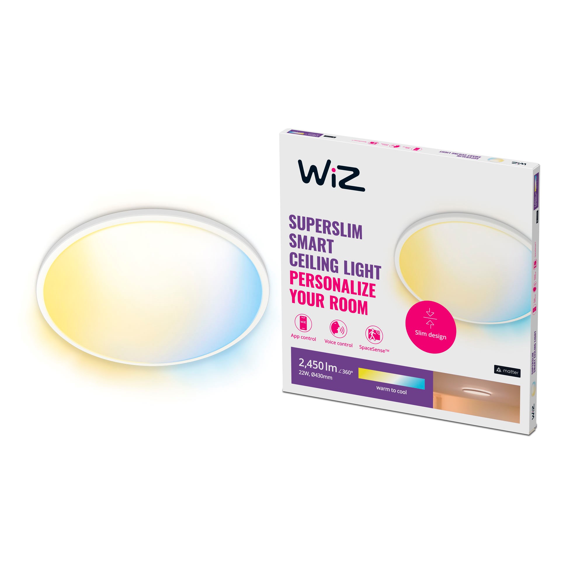 WiZ SuperSlim Smart Loftslampe Hvid, 22W, Justerbar hvidt & Dæmpet lys Smart Home 929003226722
