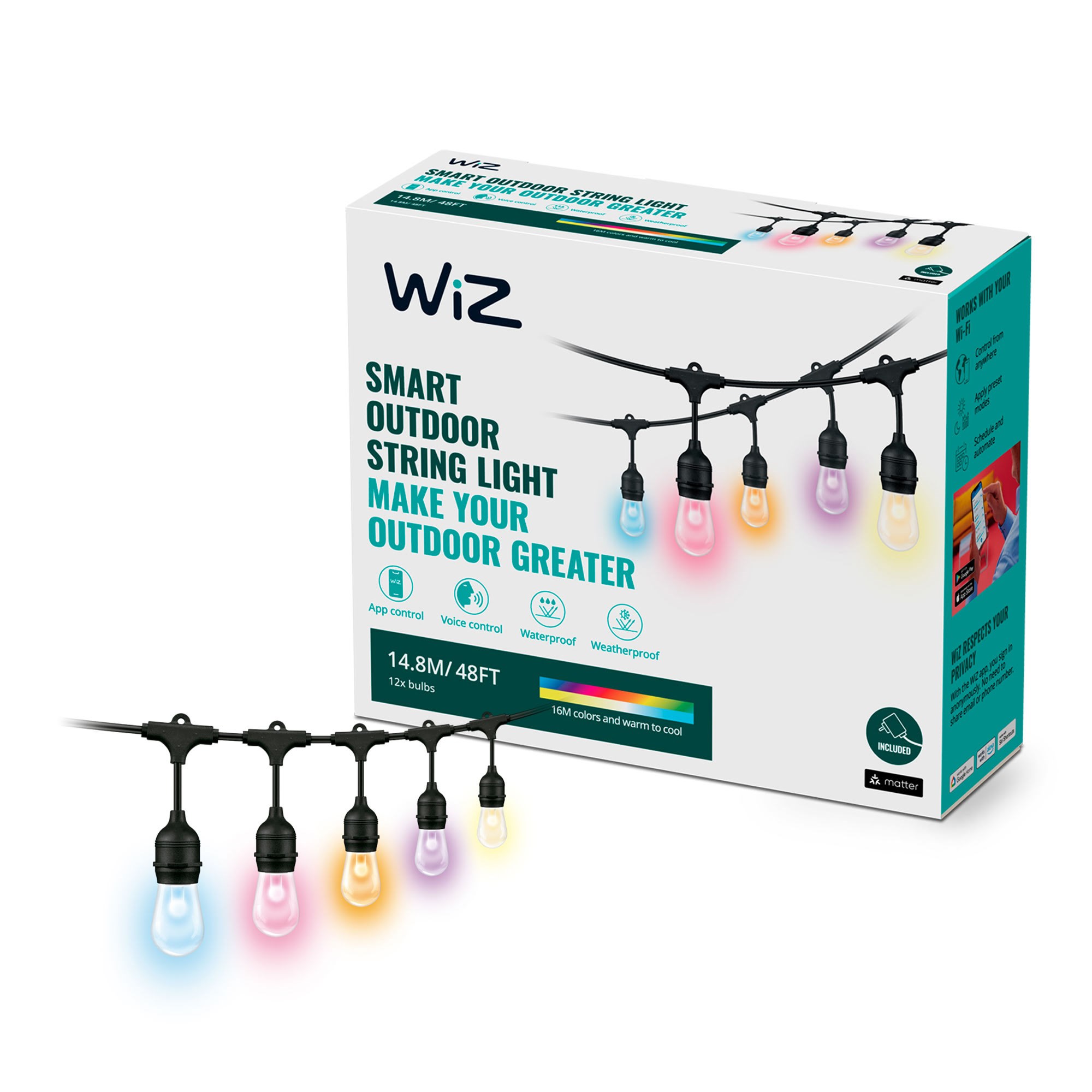 WiZ lyskæde 14,8 m/12 pærer, Justerbar hvidt & farvet lys Smart Home 929003213201