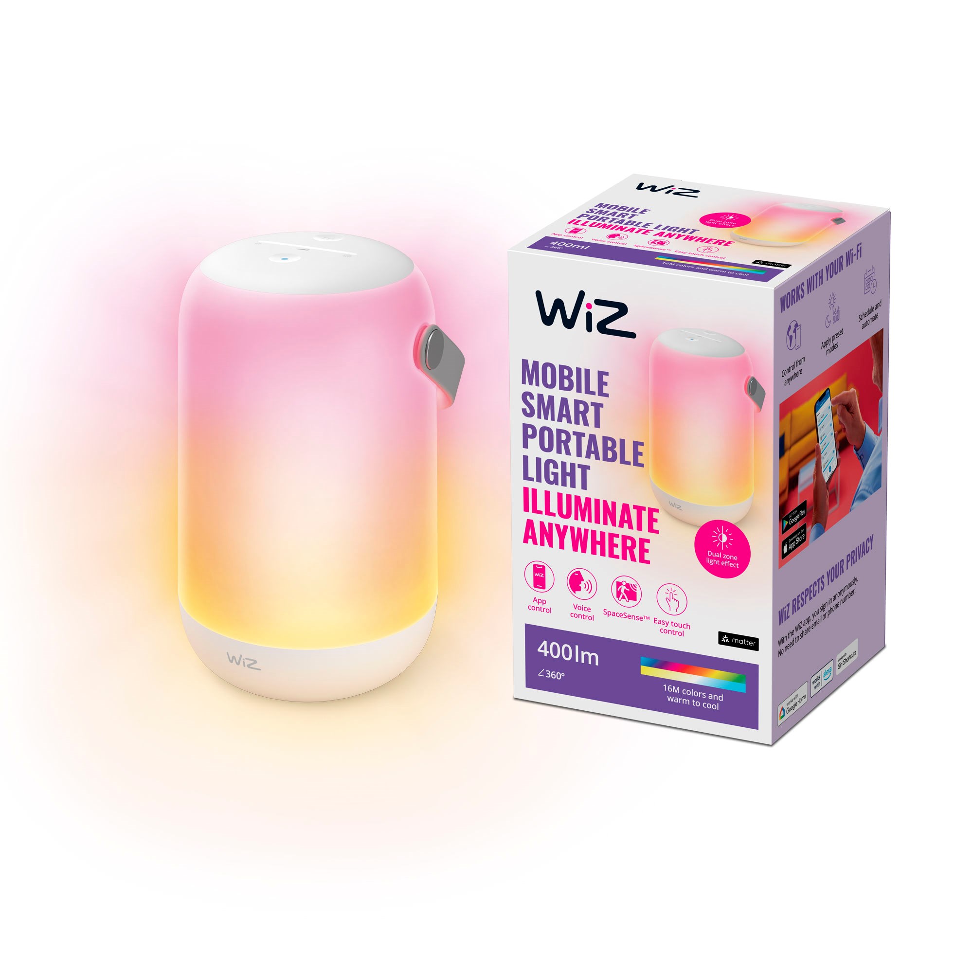 WiZ Mobile Smart Bærbar Lampe, Justerbar hvidt & farvet lys, App & Stemmestyring Smart Home 929003211522