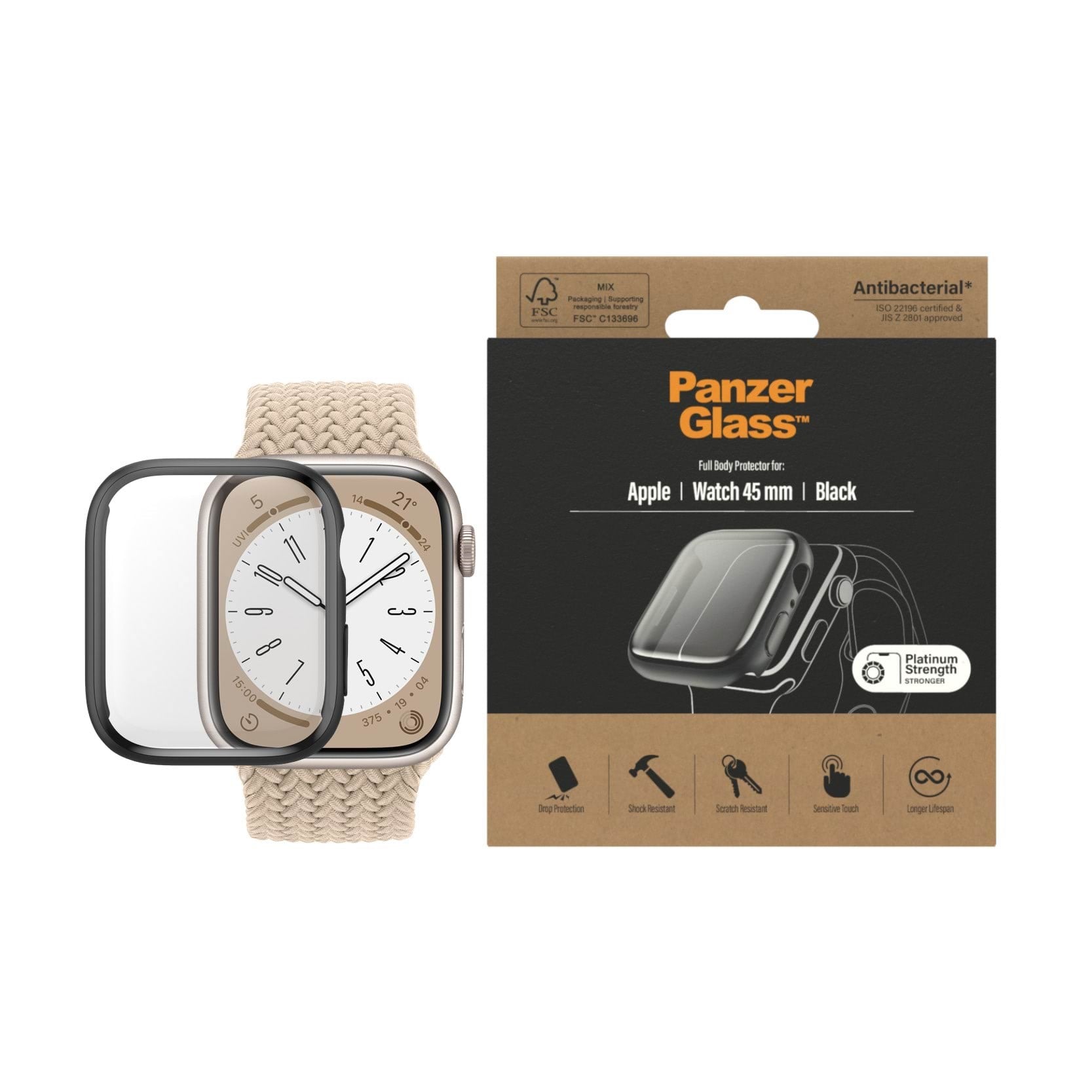 PanzerGlass Screen Protection Full Body Apple Watch Series 9 | 8 | 7 | 45mm | Black Smartwatch Tilbehør PANZER3664