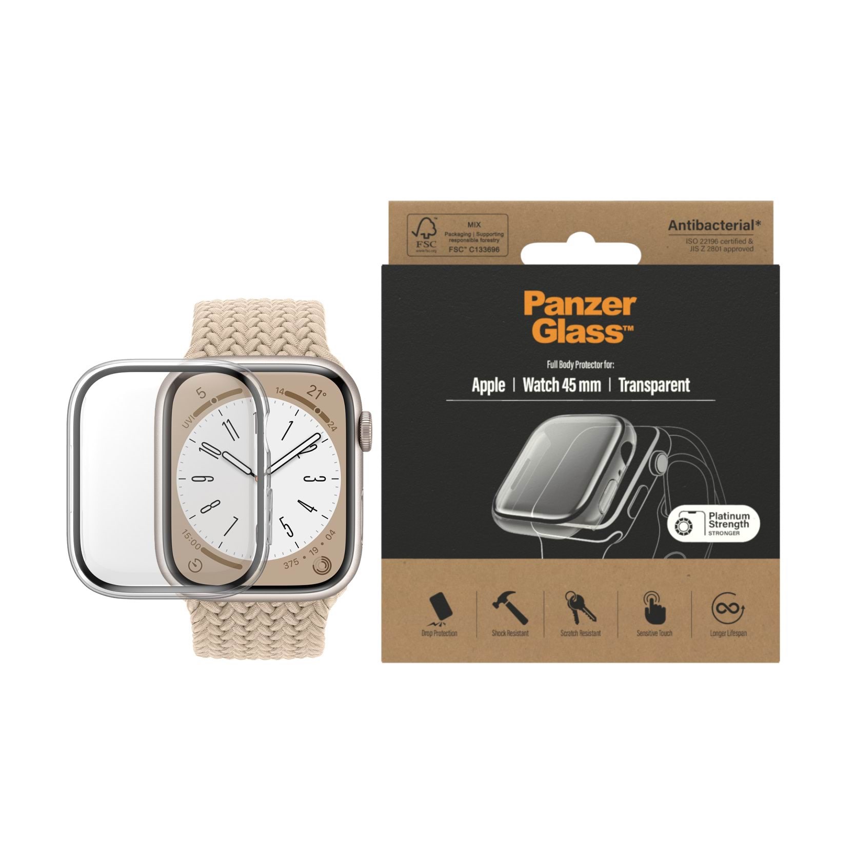 PanzerGlass Screen Protection Full Body Apple Watch Series 9 | 8 | 7 | 45mm | Transparent Smartwatch Tilbehør PANZER3659