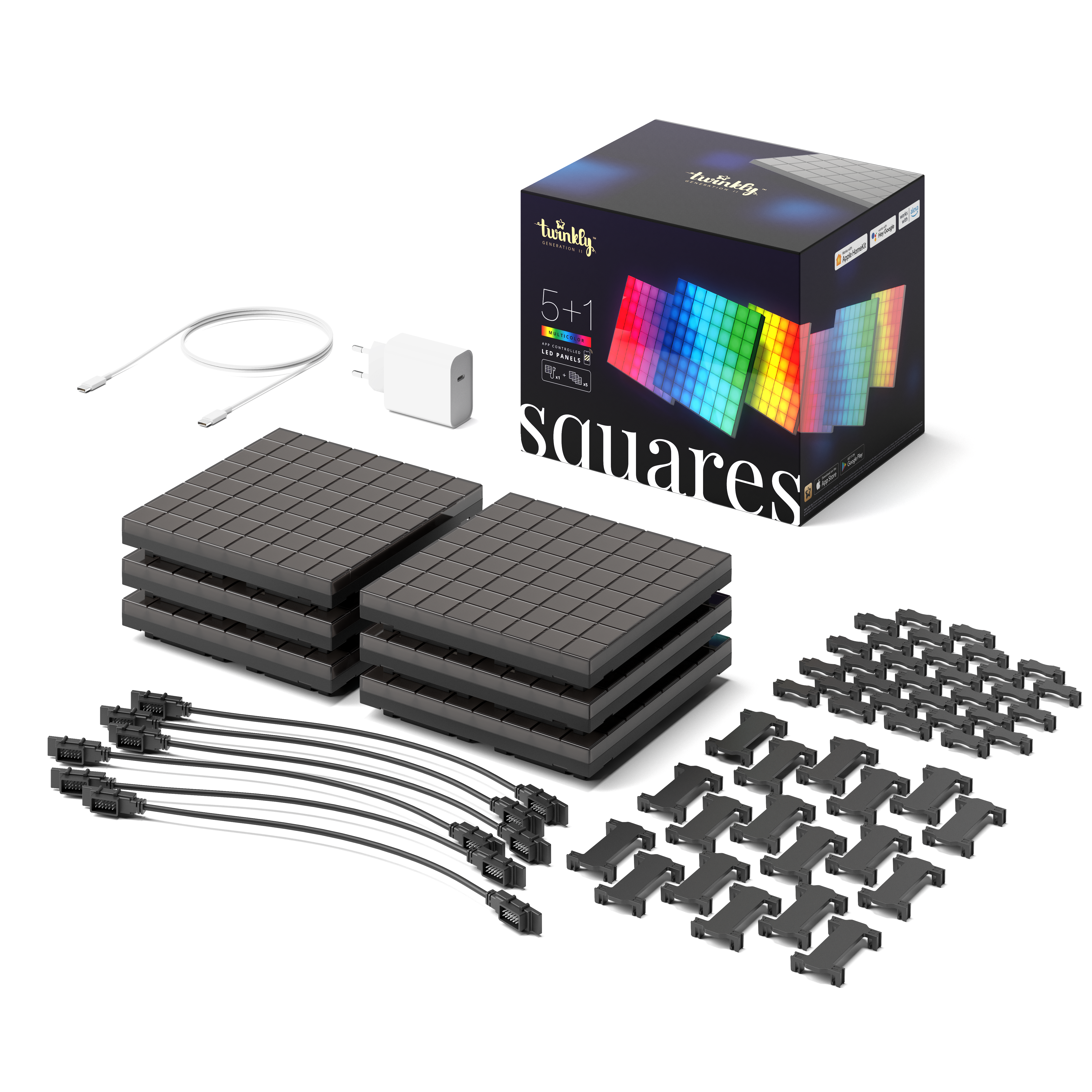 Twinkly Squares Starter Kit - 5+1 App-controlled LED Panels with 64 RGB Pixels. Black. Smart Home TWQ064STW-07-BEU
