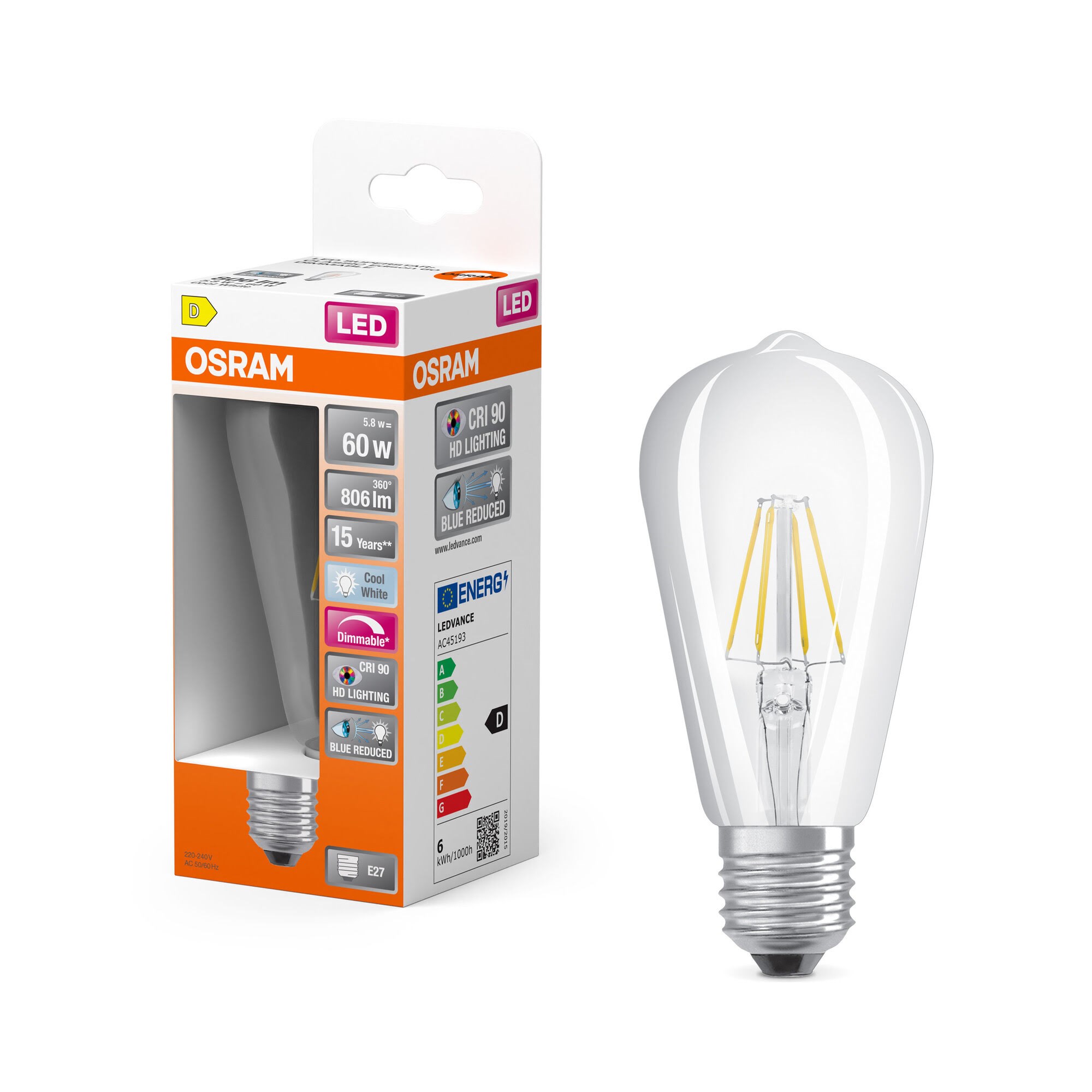 Osram LED pære LED Comfort edison filament 806lm 5,8W/940 (60W) E27 dæmpbar E27