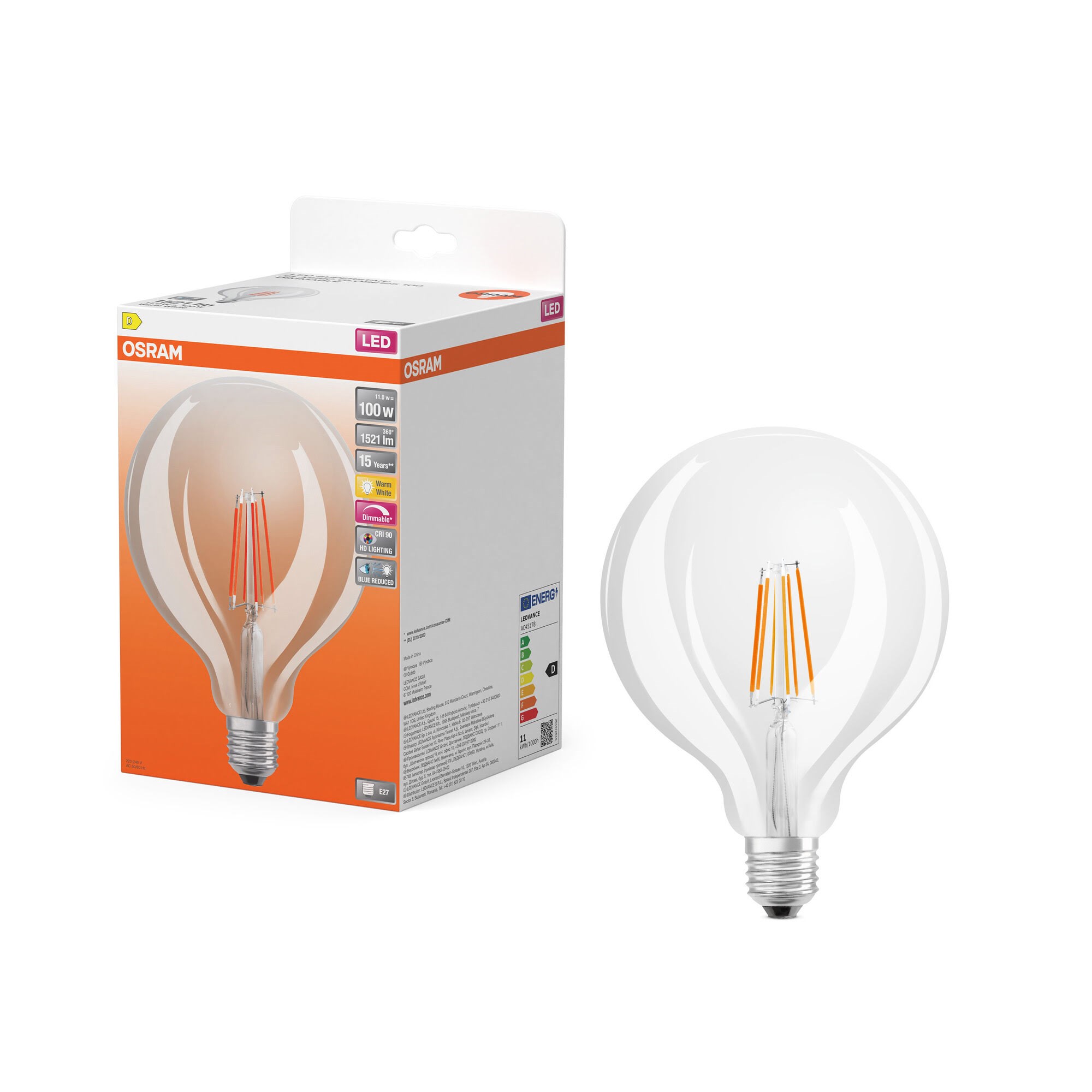 Osram LED pære LED Comfort globe125 filament 1521lm 11W/927 (100W) E27 dæmpbar E27 Lyskilde 4058075602915