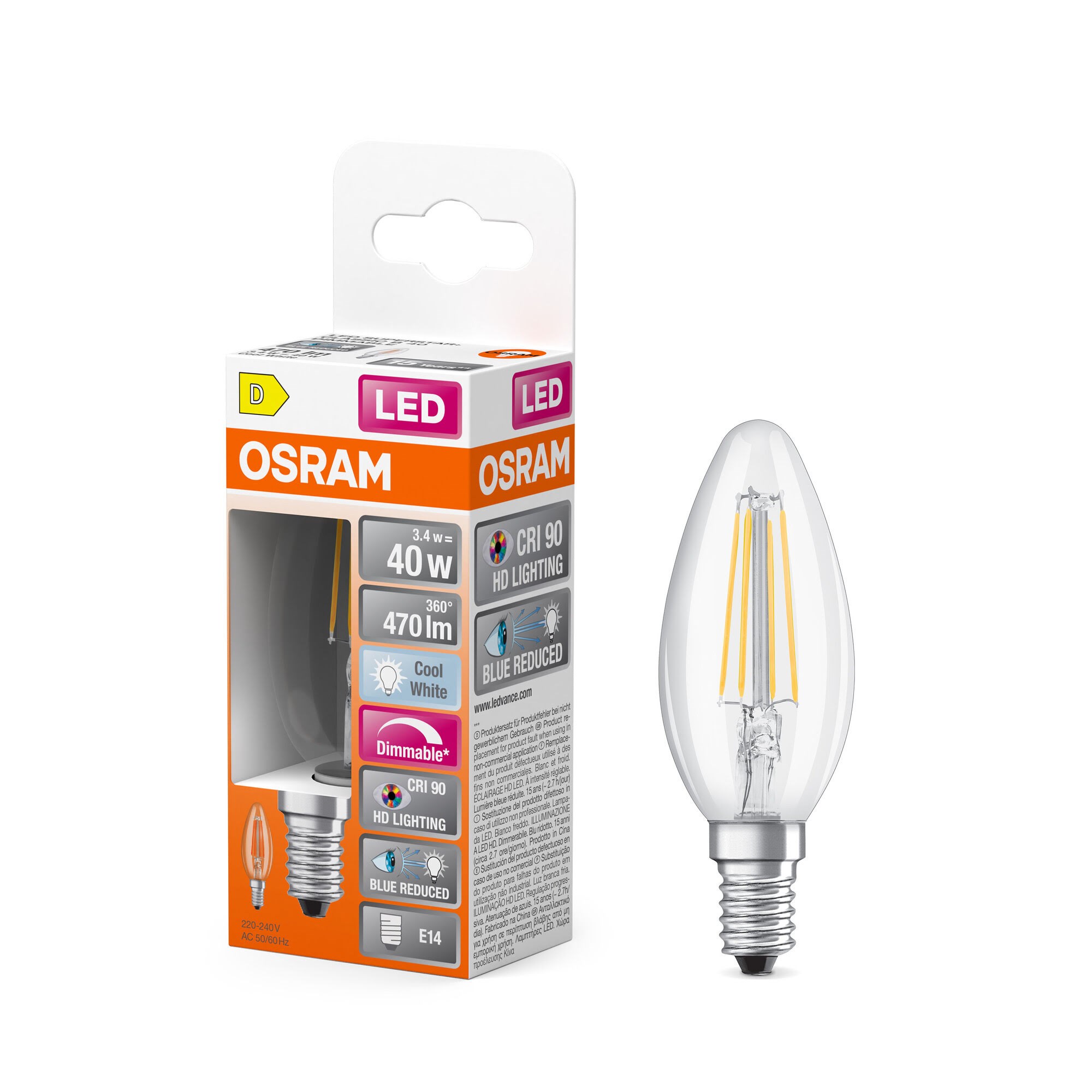 Osram LED pære LED Comfort kerte filament 470lm 3,4W/940 (40W) E14 dæmpbar E14