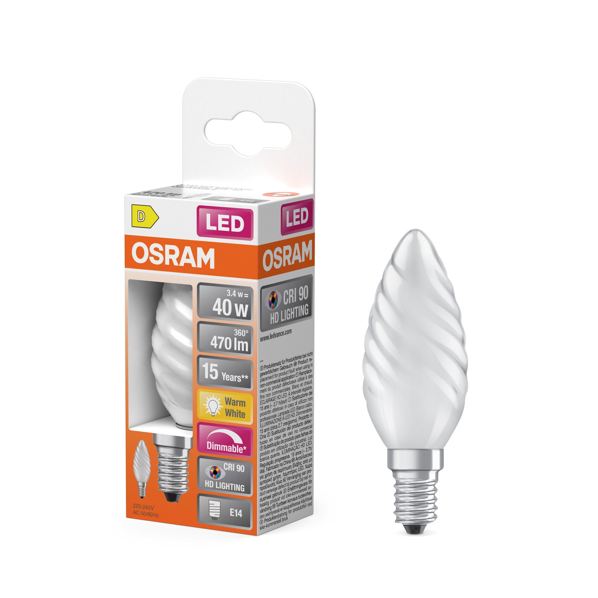 Osram LED pære LED Comfort kerte snoet mat 470lm 3,4W/927 (40W) E14 dæmpbar E14 Lyskilde 4058075602878