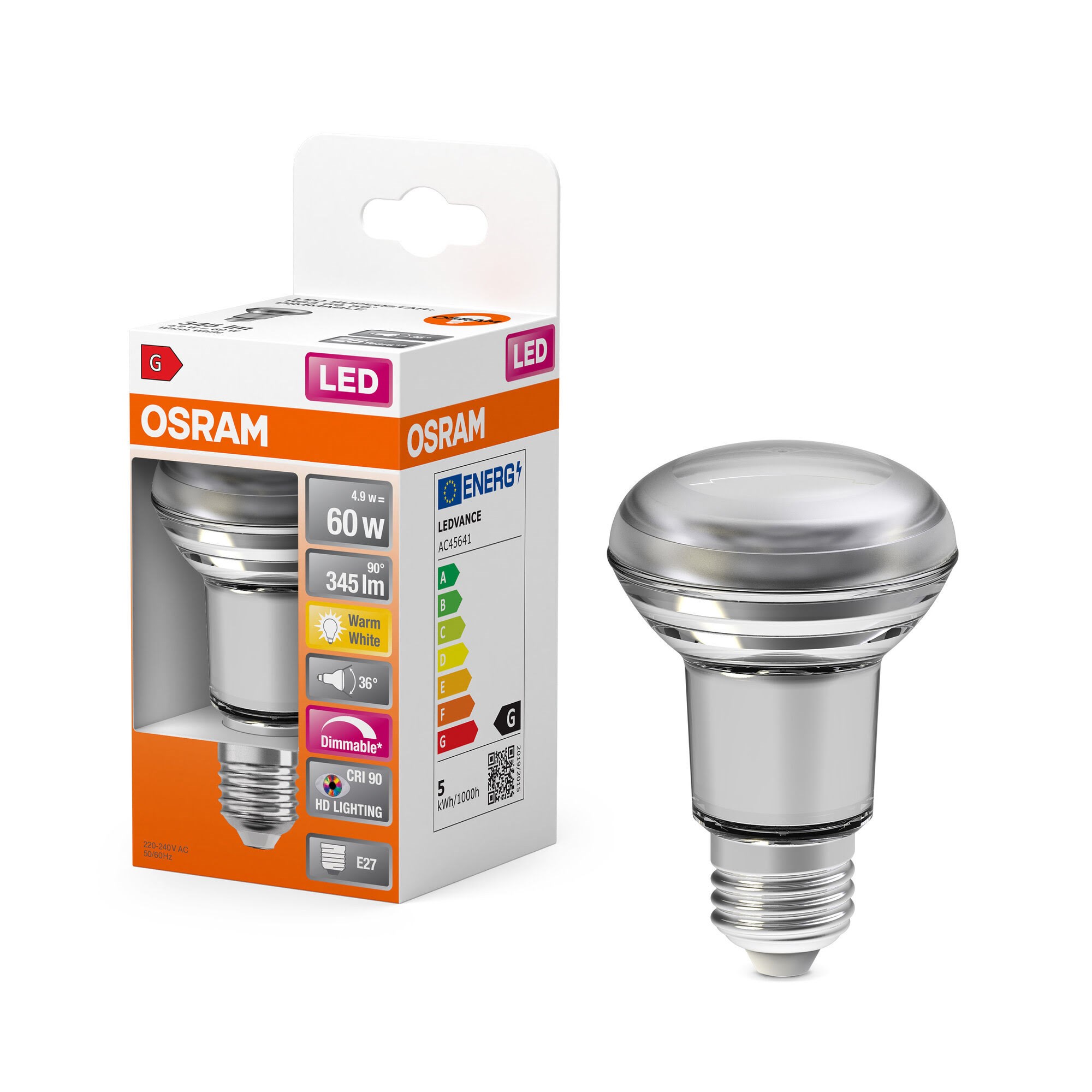 Osram LED pære LED Comfort R63 36° 345lm 4,8W/927 (60W) E27 dæmpbar E27 Lyskilde 4058075620308
