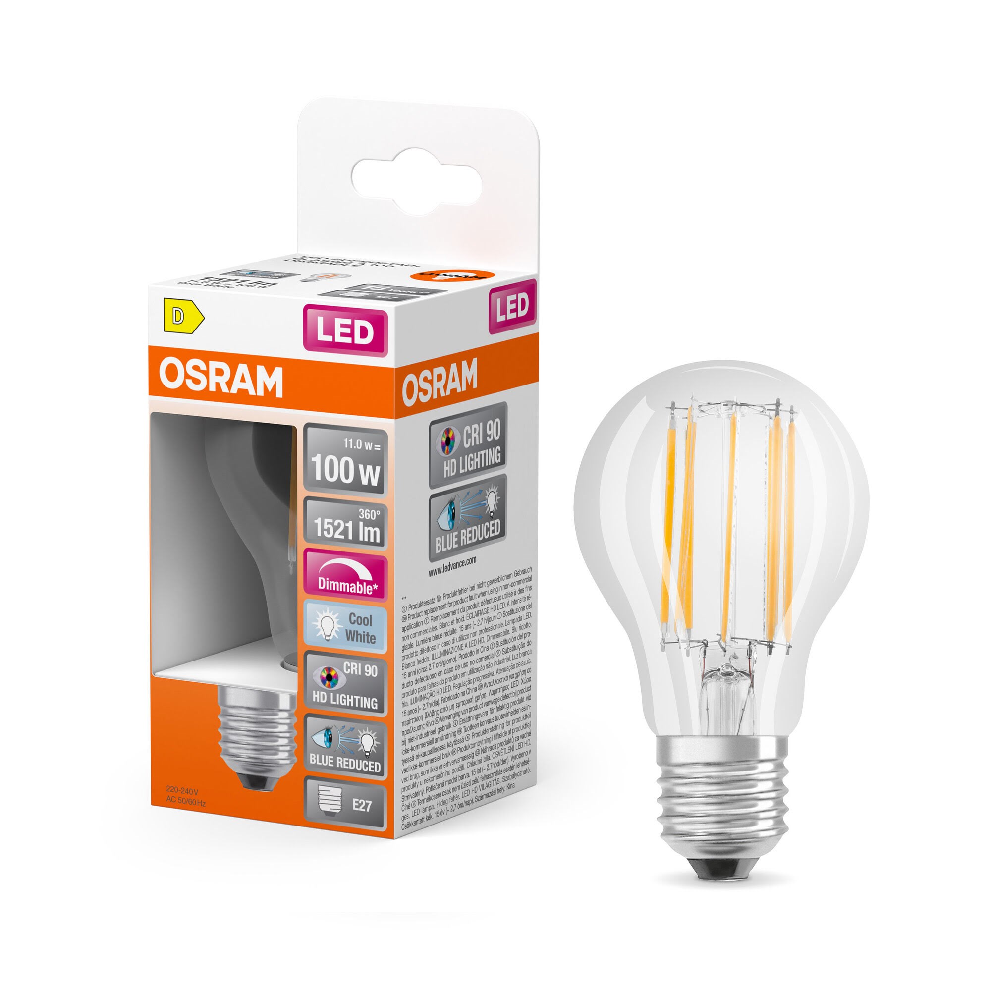 Osram LED pære LED Comfort standard filament 1521lm 11W/940 (100W) E27 dæmpbar E27 Lyskilde 4058075602557