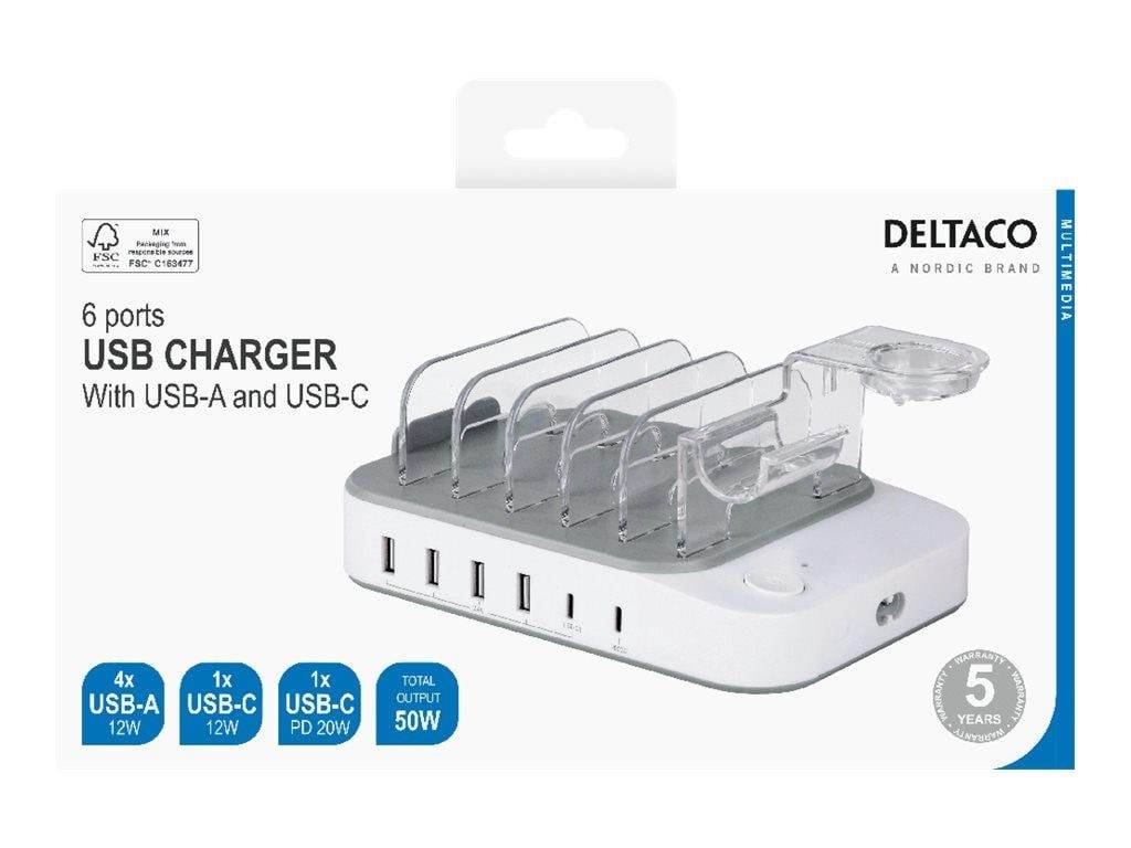 Deltaco DPS-0203 charging station - 4 x USB 2 x USB-C - 50 Watt Tablet Oplader