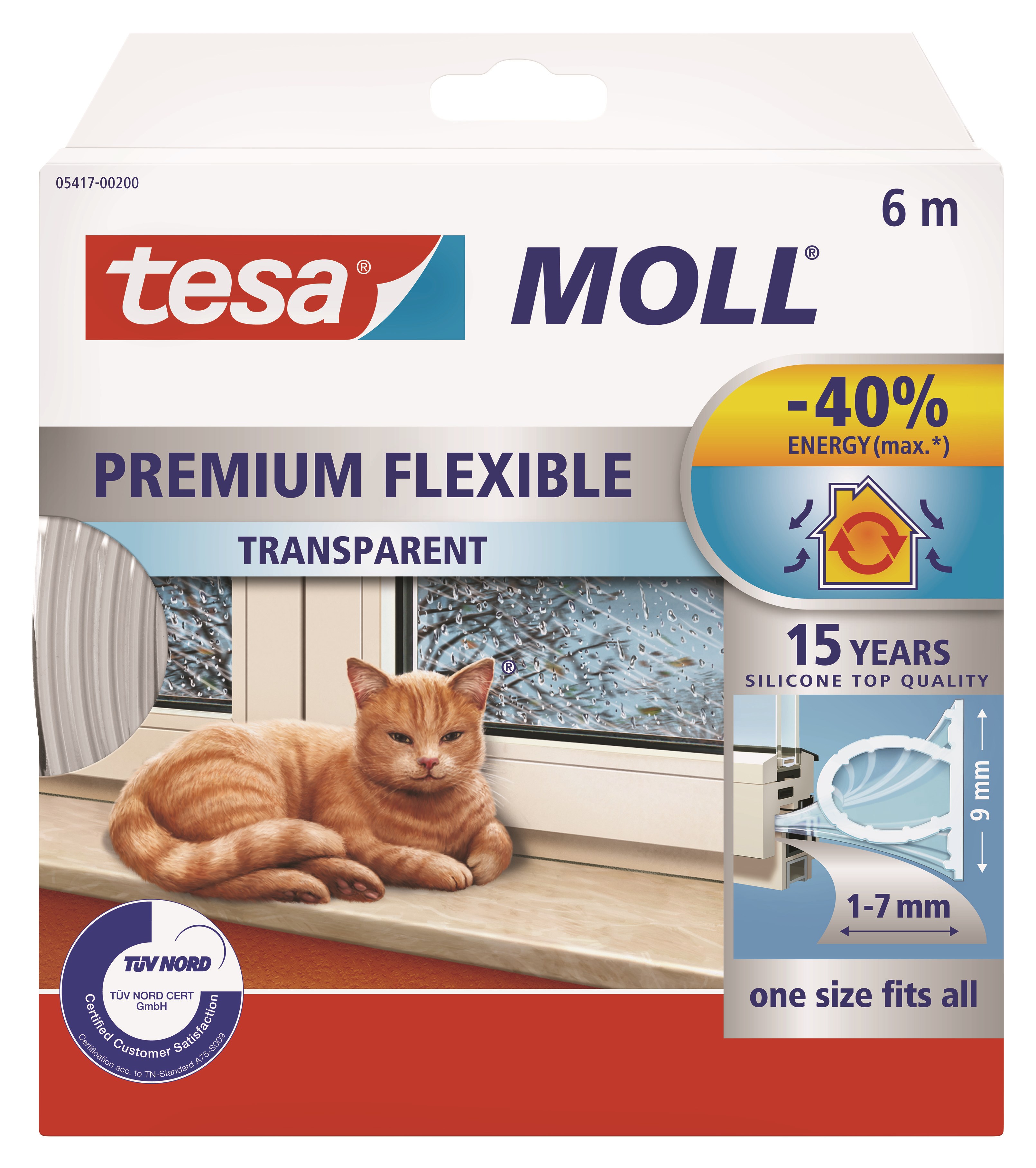 tesa moll Premium Flexible Silicone Sealing Tape 6m x 9mm x 7mm Transparent Tape 05417-00200-02