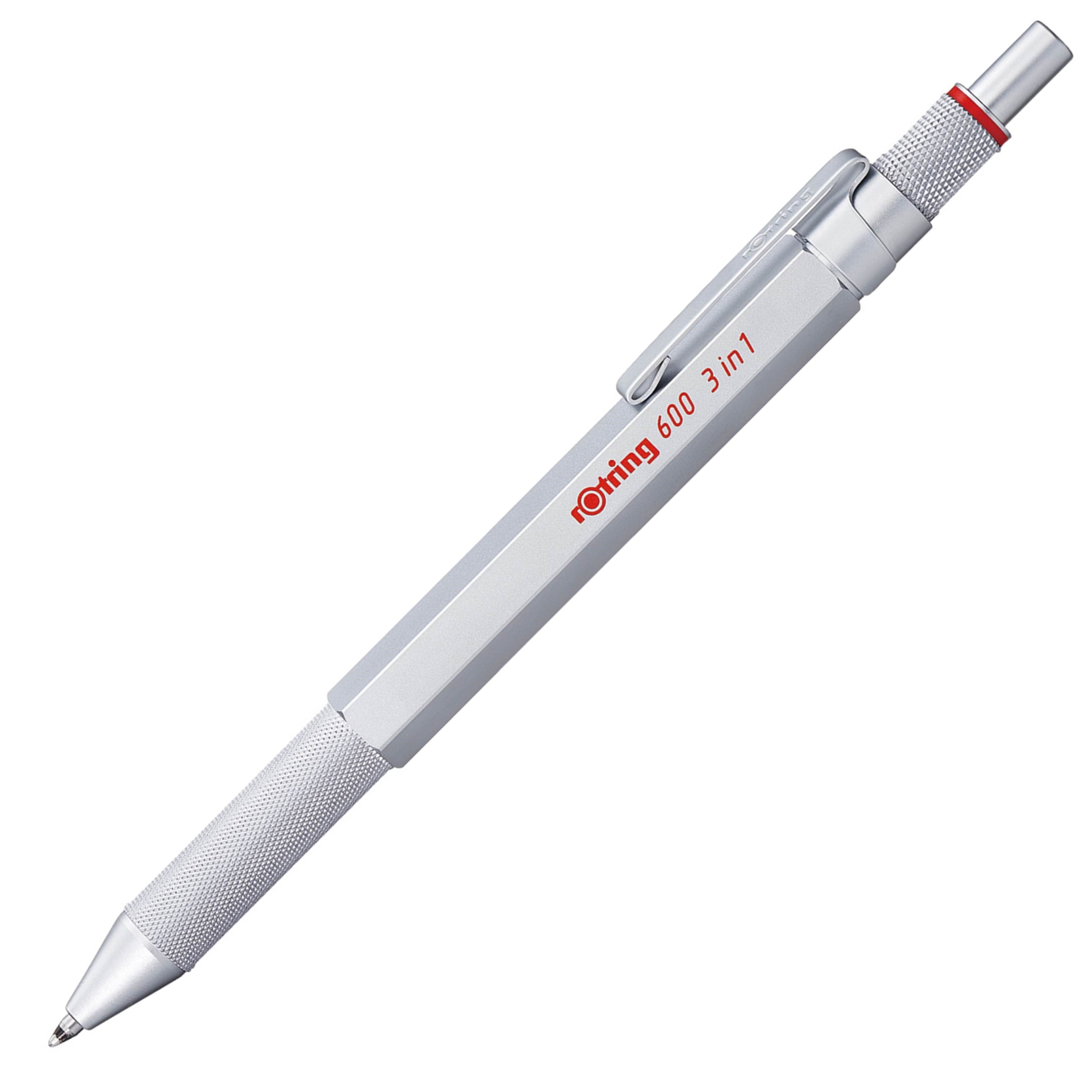 Rotring rOtring 600 3-i-1 Multifarve Pen og Mekanisk Blyant | Sort & Rød Kuglepensspidser | 1 Mekanisk Blyant Spids (0,5 mm) | Sølv skaft Tegneværktøj