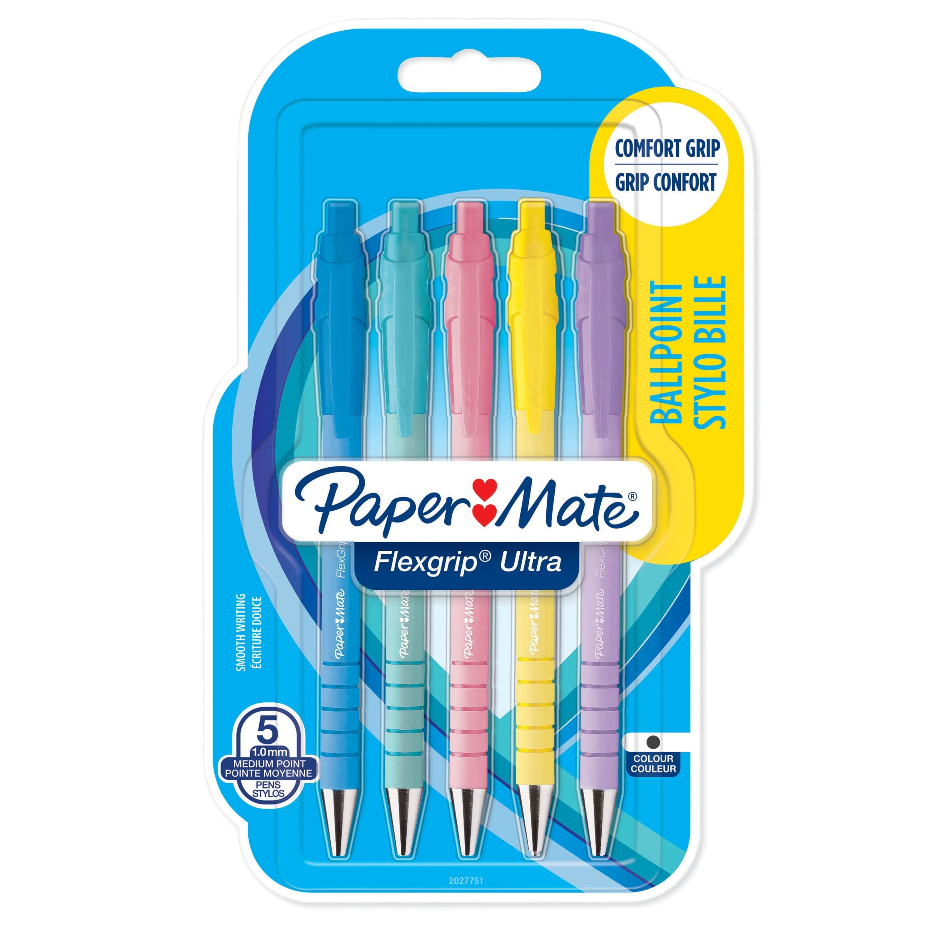 Paper Mate Flexgrip Ultra Pastel kuglepenne | Medium spids (1,0 mm) | Sort blæk | Pastelhylster | 5 Stk