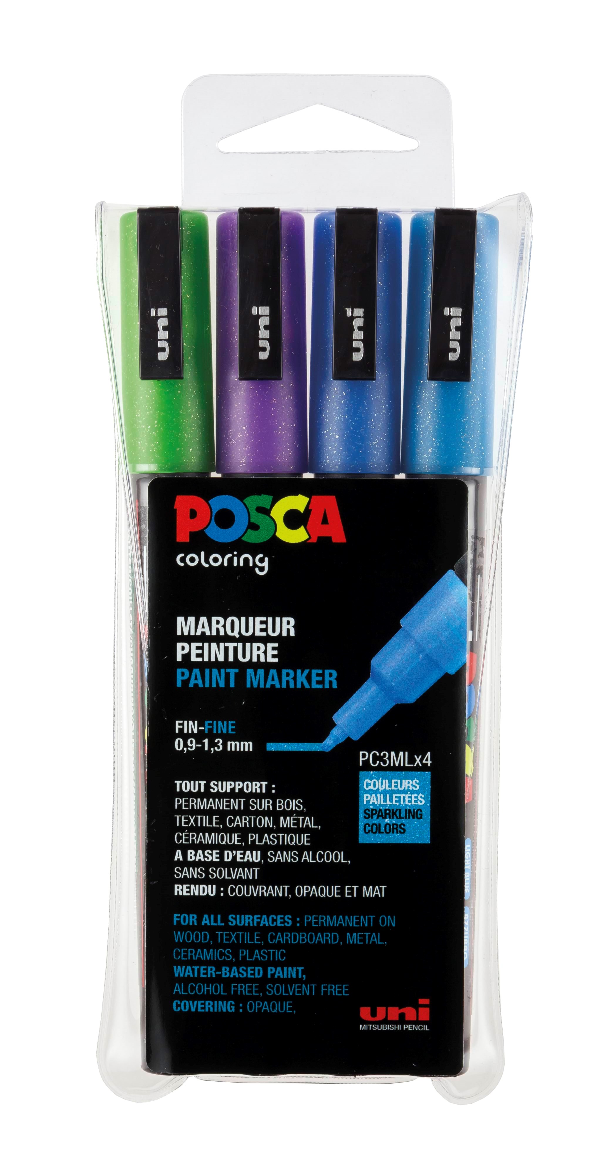 POSCA marker sæt PC-3M, 4 ass. Glitter farver, cool Tegneværktøj 401640
