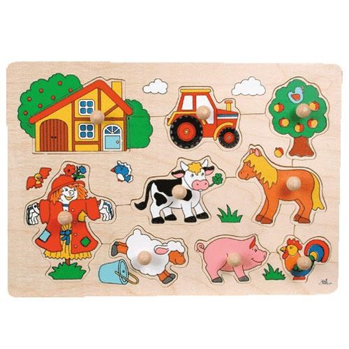 Goki Wooden Stud Puzzle Farm Retro 9pcs. Wood Puslespil 57995