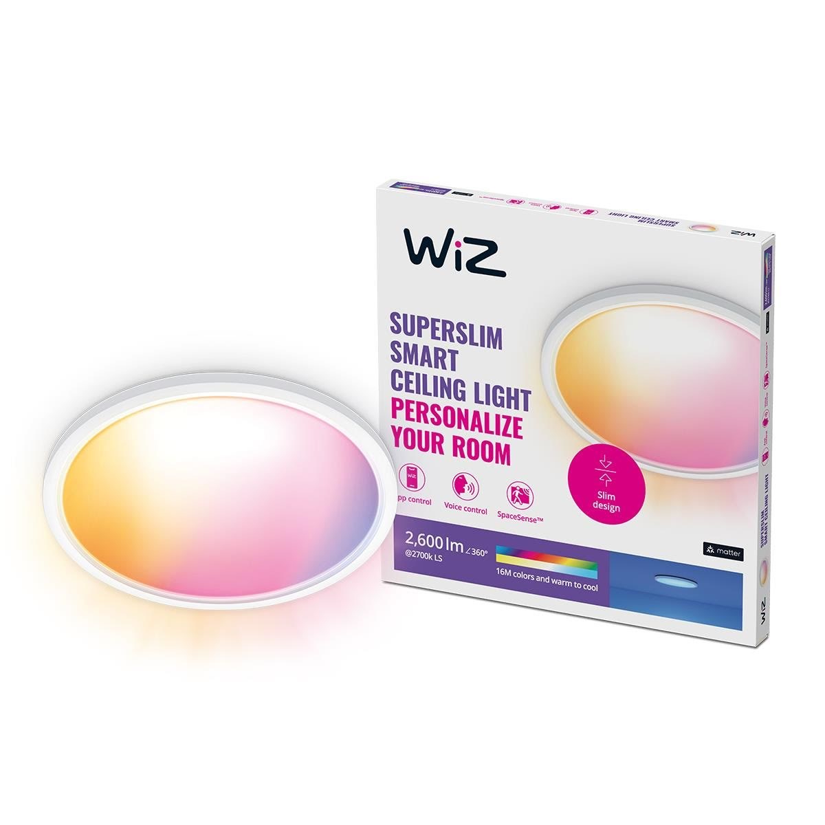 WiZ SuperSlim Smart Loftslampe, 22W, Justerbar hvidt & farvet lys, Ultratyndt moderne design, Hvid Smart Home 929003300901