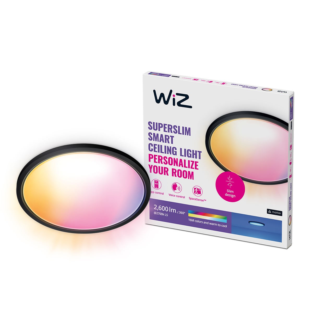 WiZ SuperSlim Smart Loftslampe, 22W, Justerbar hvidt & farvet lys, Ultratyndt moderne design, Sort