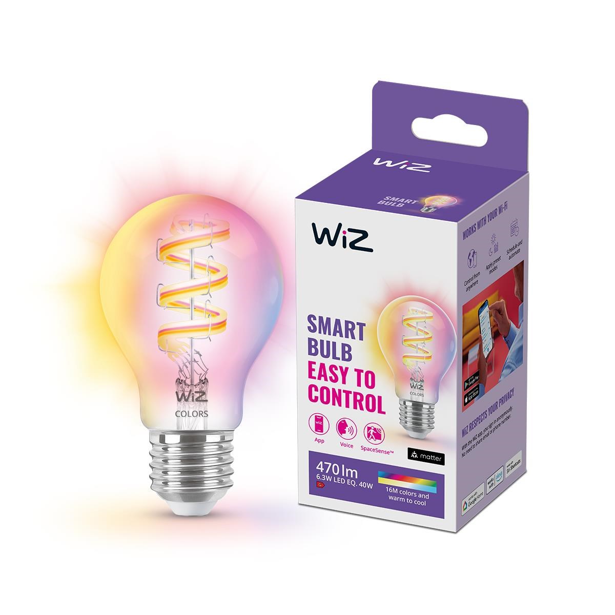 WiZ Full Color A60 E27 Smart Filamentpære - RGB/16 millioner farver + dæmpbart hvidt LED-lys Smart Home 929003267101