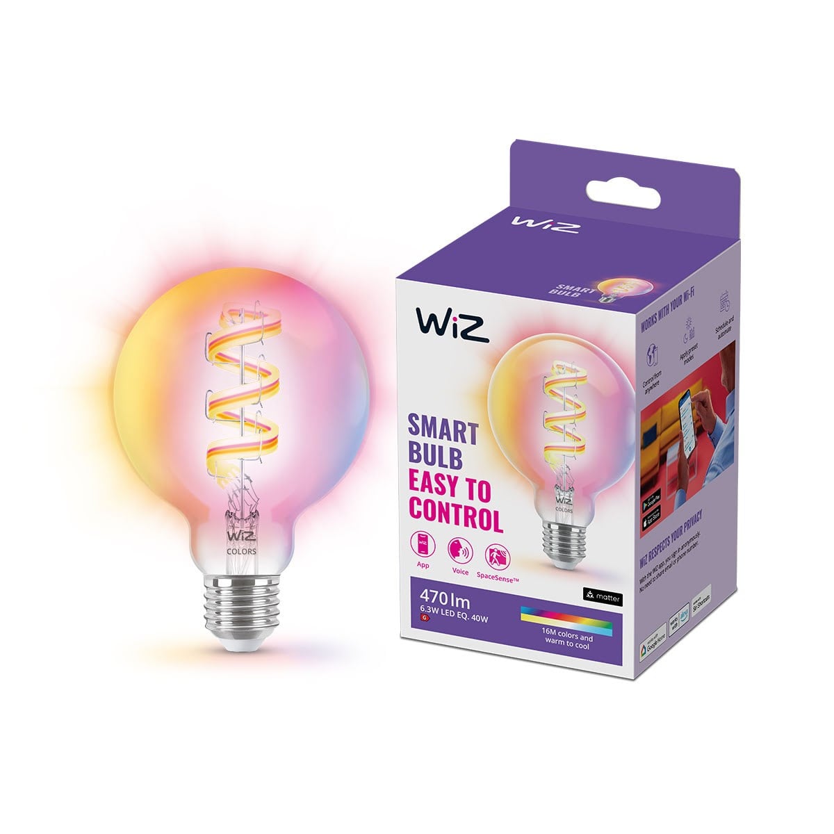 WiZ Full Color G95 E27 Smart Filament Globepære - RGB/16 millioner farver + dæmpbart hvidt LED-lys