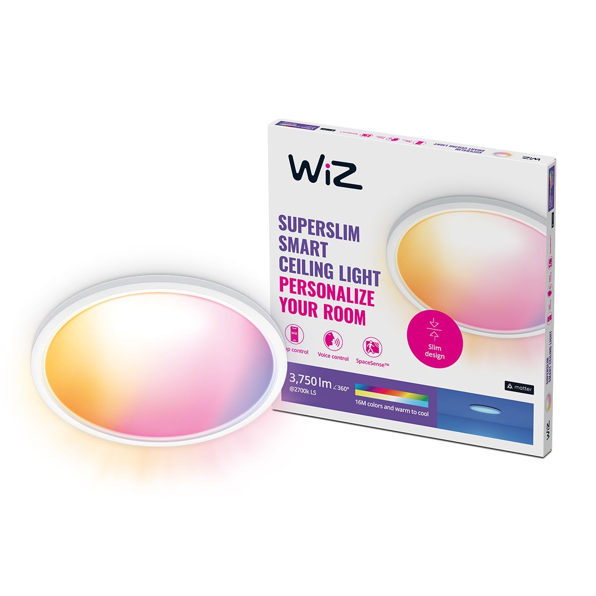 WiZ SuperSlim Smart Loftslampe, 32W, Justerbar hvidt & farvet lys, Ultratyndt moderne design, Hvid