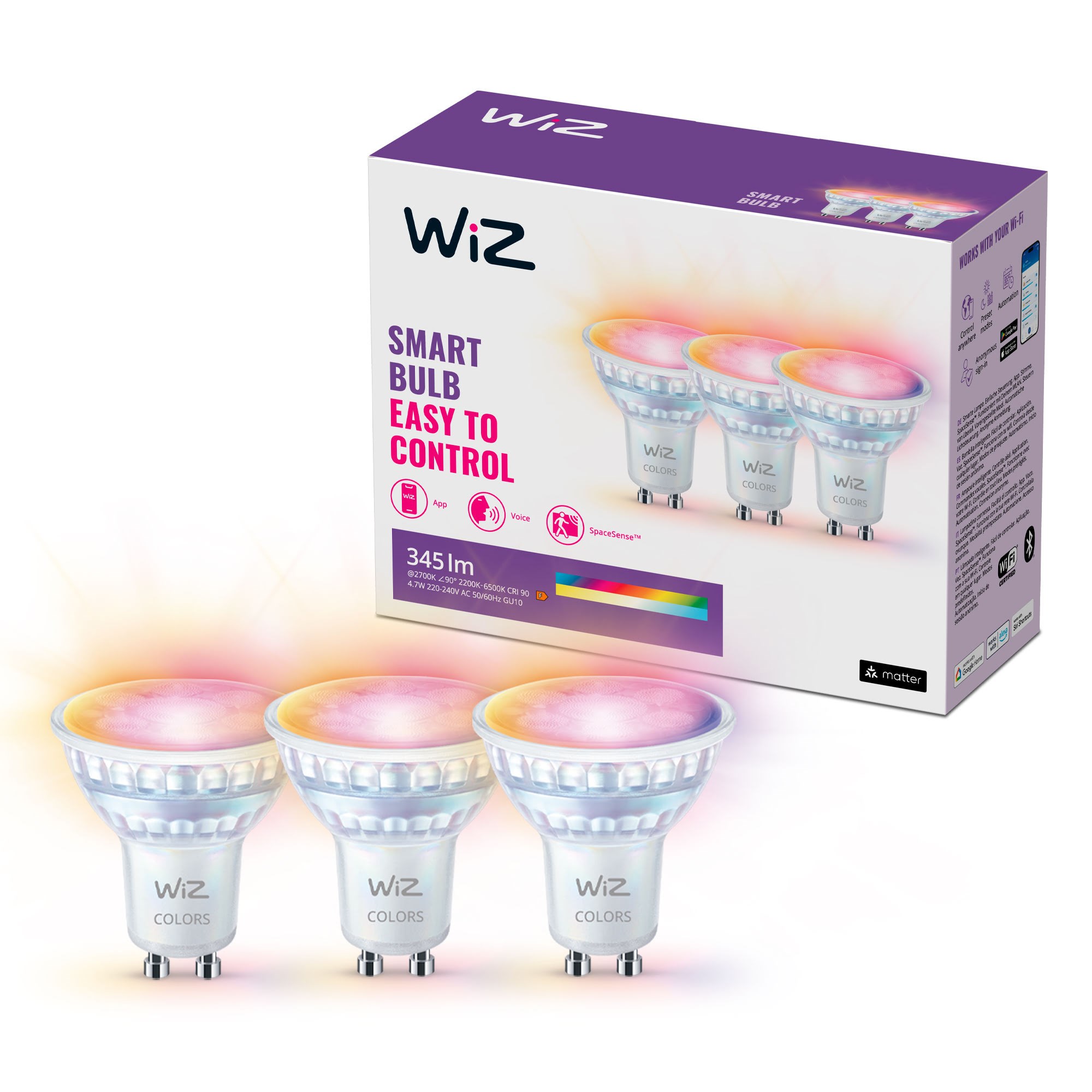 WiZ Full Color GU10 Smart Spotpære 3-pak - RGB/16 millioner farver + dæmpbart hvidt LED-lys Smart Home 929003772333