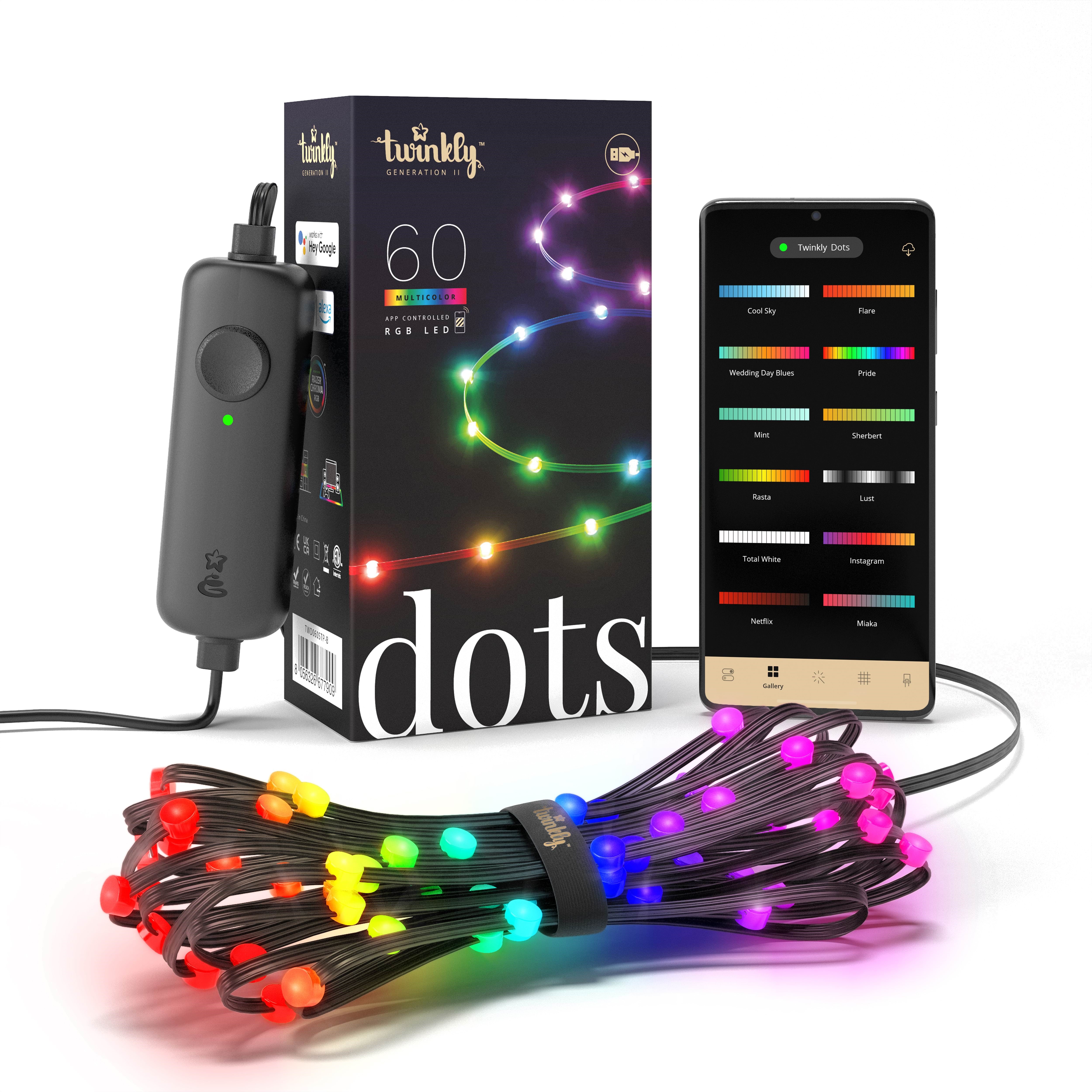 Twinkly Dots - 60 App-controlled RGB LEDs. 3 Meters. Black Wire. USB-powered.
