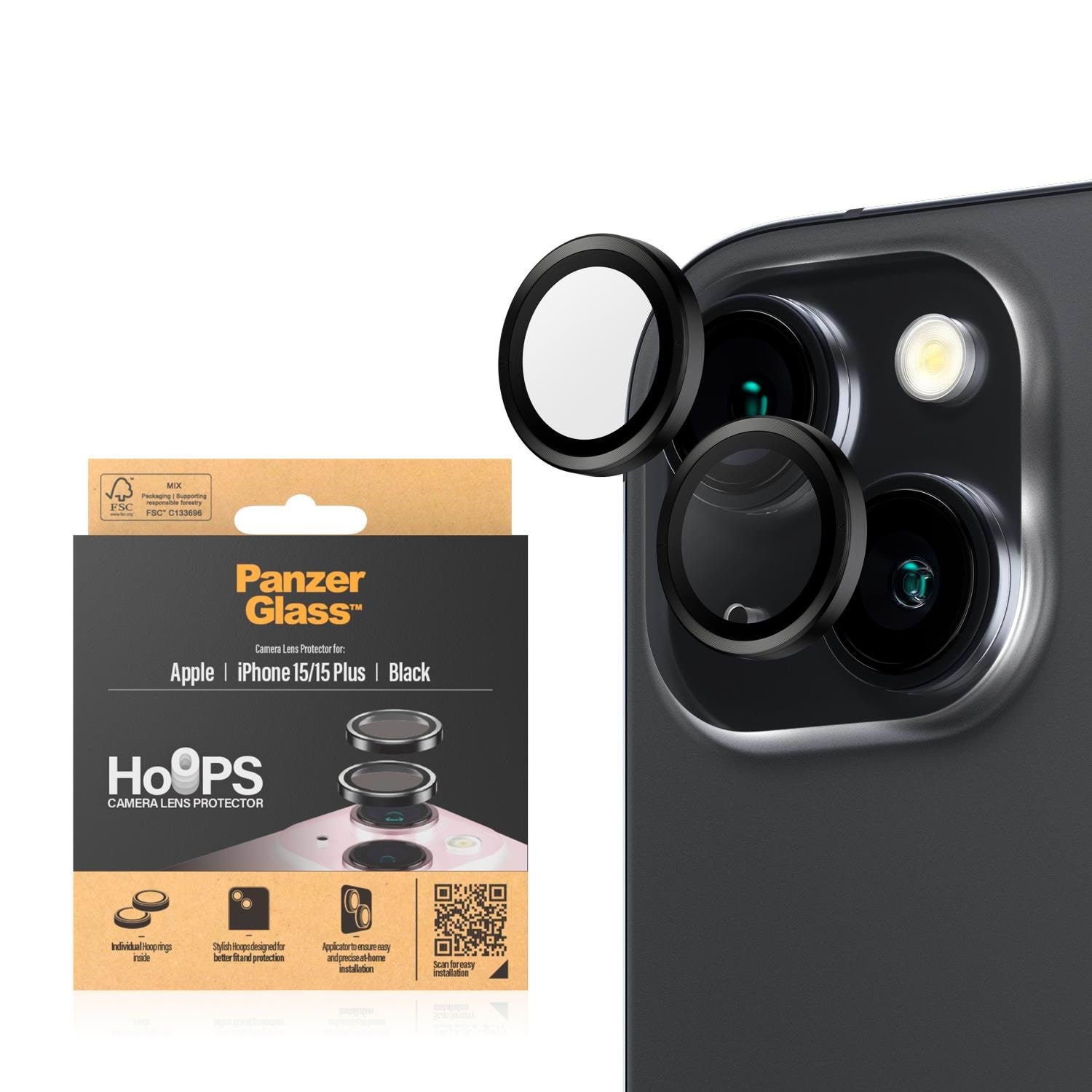 PanzerGlass Hoops Camera Lens Protector iPhone 15 | 15 Plus | Black Beskyttelsesglas PANZER1138