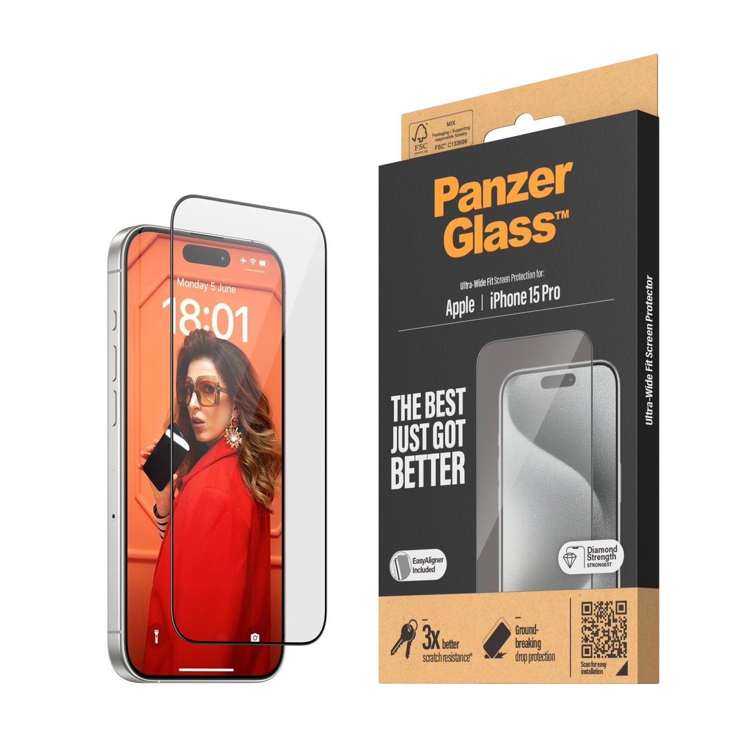 PanzerGlass Screen Protector iPhone 15 Pro | Ultra-Wide Fit w. EasyAligner Beskyttelsesglas PANZER2810