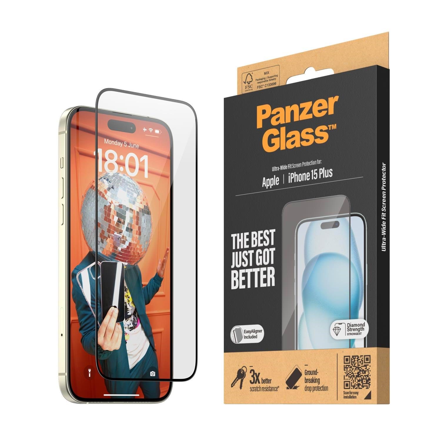 PanzerGlass Screen Protector iPhone 15 Plus | Ultra-Wide Fit w. EasyAligner