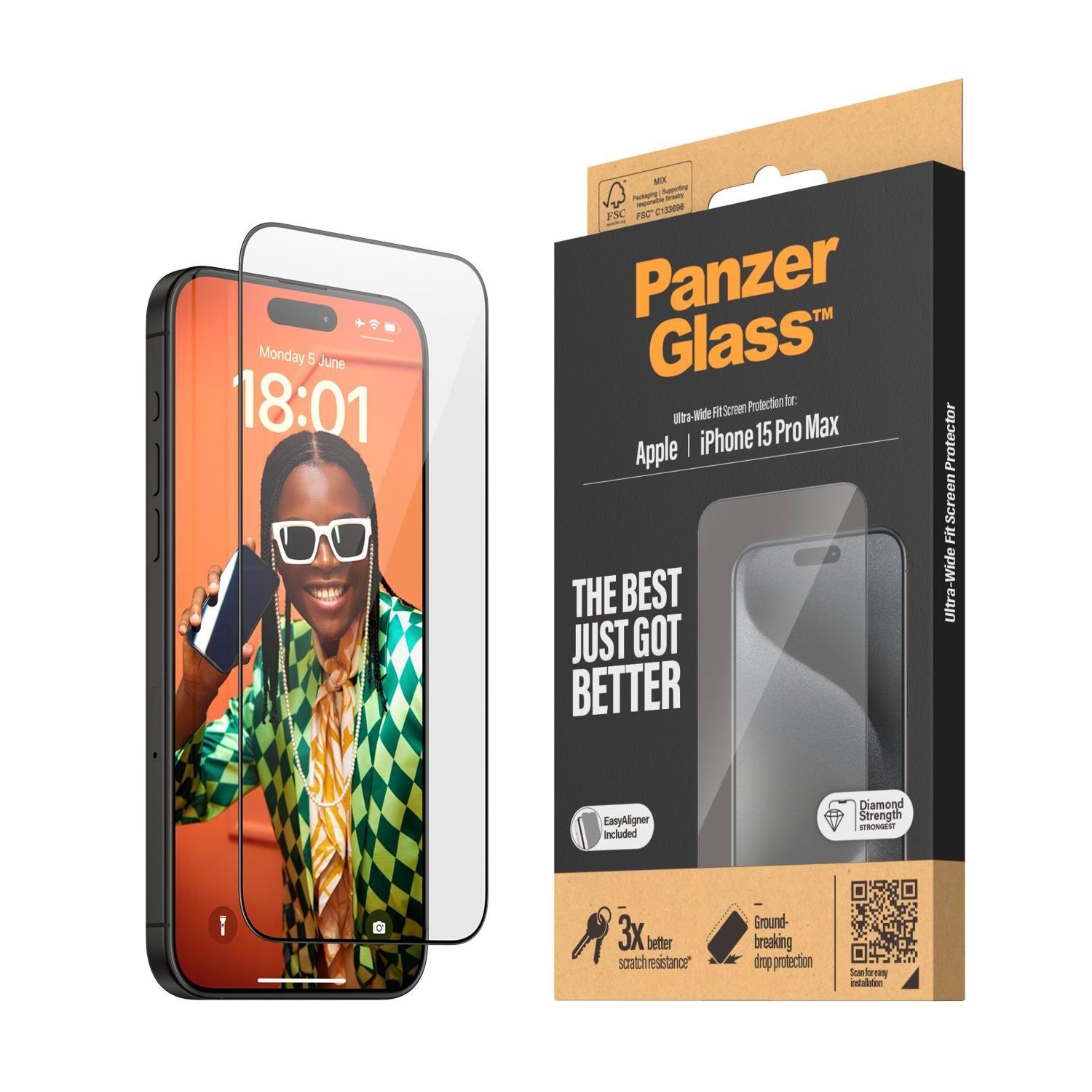 PanzerGlass Screen Protector iPhone 15 Pro Max | Ultra-Wide Fit w. EasyAligner Beskyttelsesglas PANZER2812