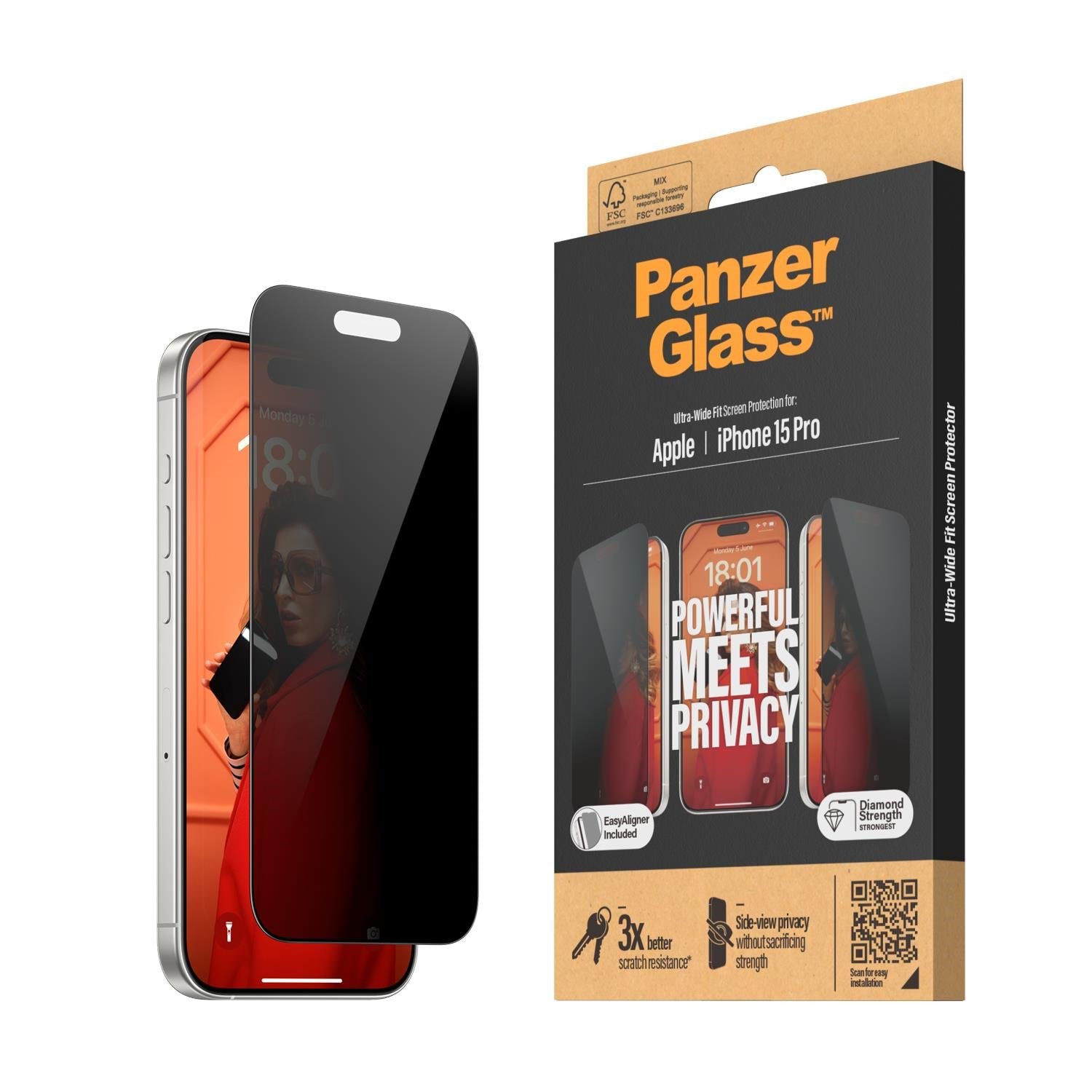 PanzerGlass Privacy Screen Protector iPhone 15 Pro | Ultra-Wide Fit w. EasyAligner