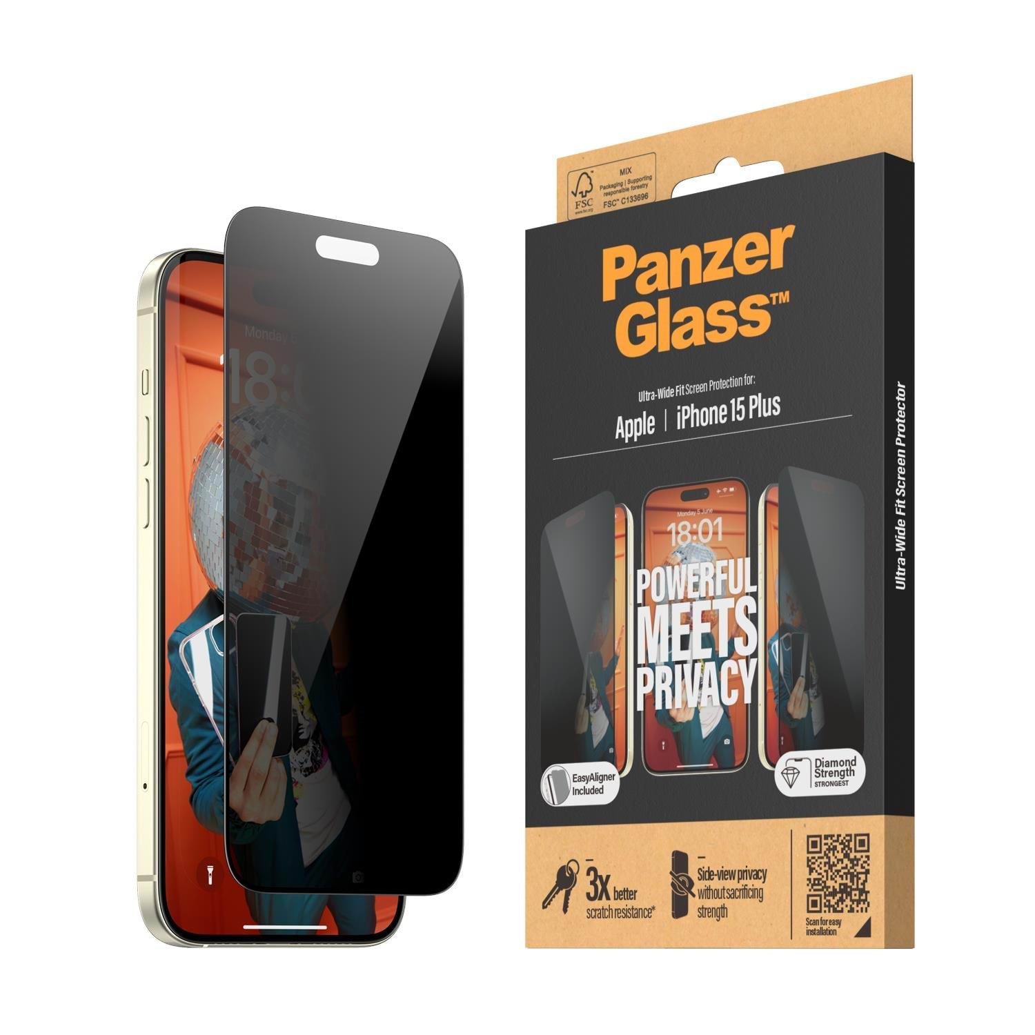 PanzerGlass Privacy Screen Protector iPhone 15 Plus | Ultra-Wide Fit w. EasyAligner Beskyttelsesglas PANZERP2811