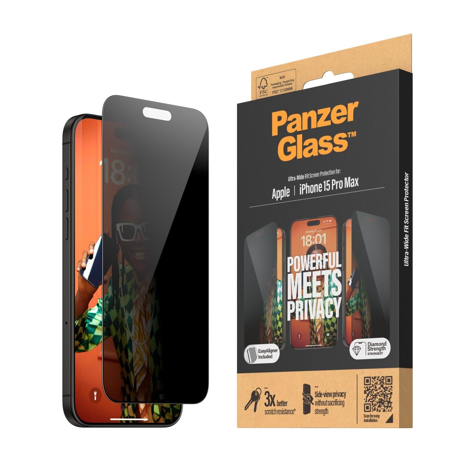 PanzerGlass Privacy Screen Protector iPhone 15 Pro Max | Ultra-Wide Fit w. EasyAligner