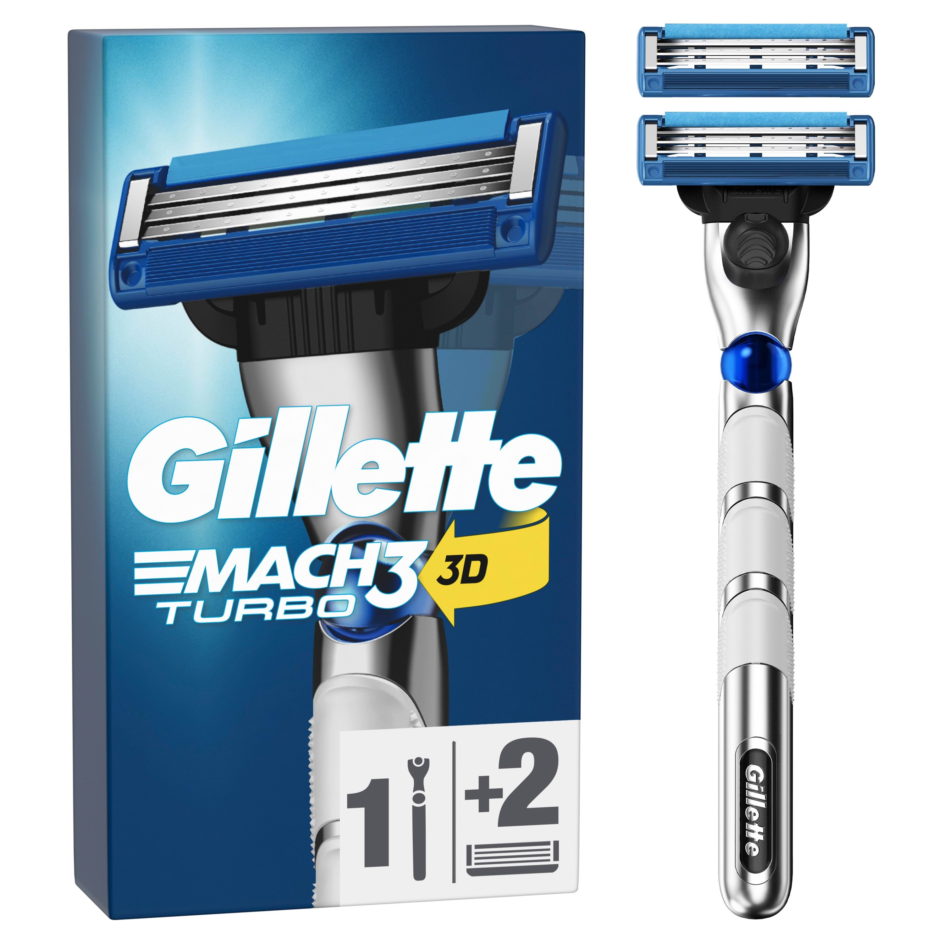 Gillette Mach3 Turbo 3D Razor handle + 2 blades Barbergrej 7702018514472