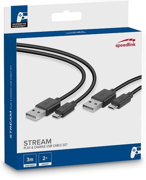 Speed-Link STREAM Play & Charge USB Cable Set 3m - Wired Charging cable for wireless game controller - Sony PlayStation 4