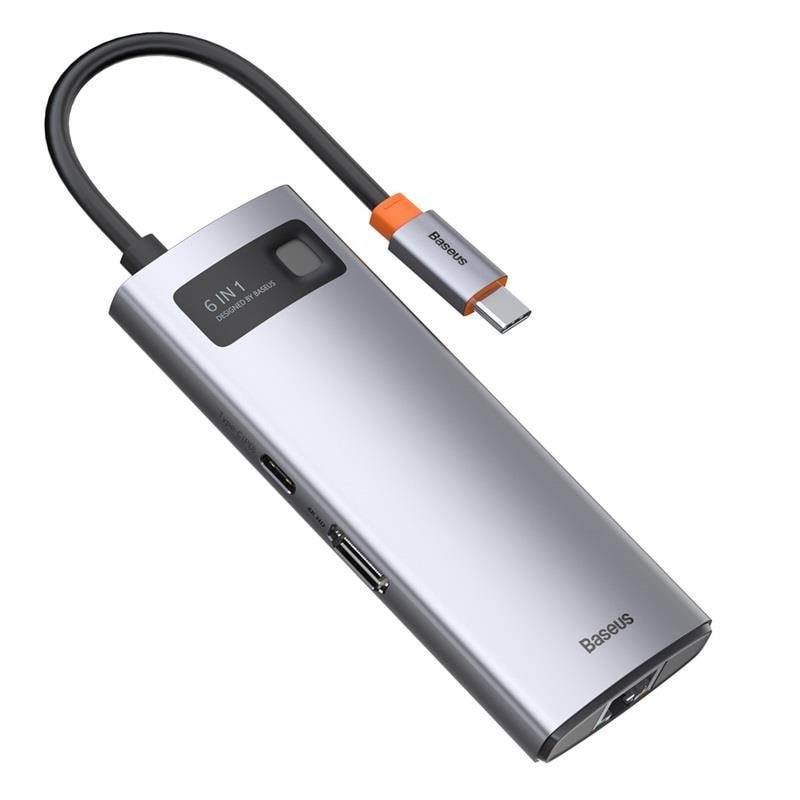 Baseus Hub 6in1 Metal Gleam Series USB-C to 3x USB 3.0 + HDMI + USB-C PD + Ethernet RJ45 USB hub - USB 3.0 - 6 ports - Grå Usb Hub CAHUB-CW0G