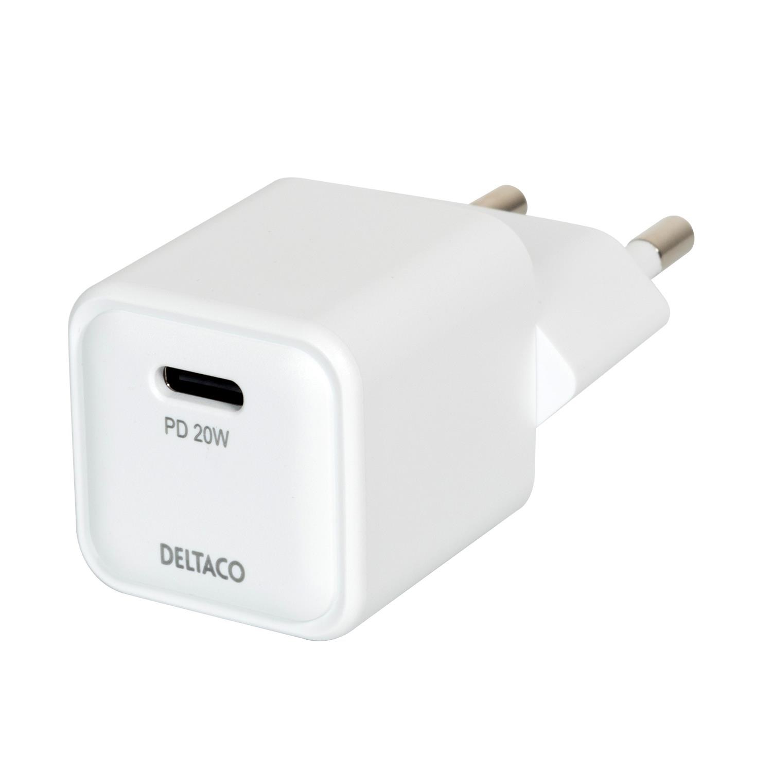 Deltaco USB-C mini wall charger 1x USB-C PD 20 W white Mobil Oplader USBC-AC150