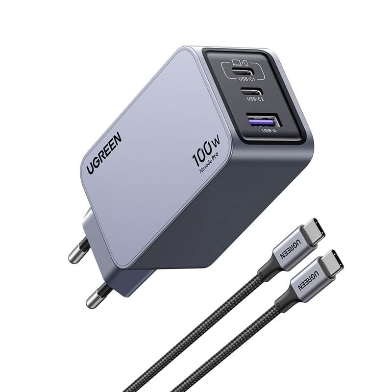 UGREEN Nexode Pro 100W 3-port GaN hurtigoplader med 100W USB-C-kabel Mobil Oplader 25874