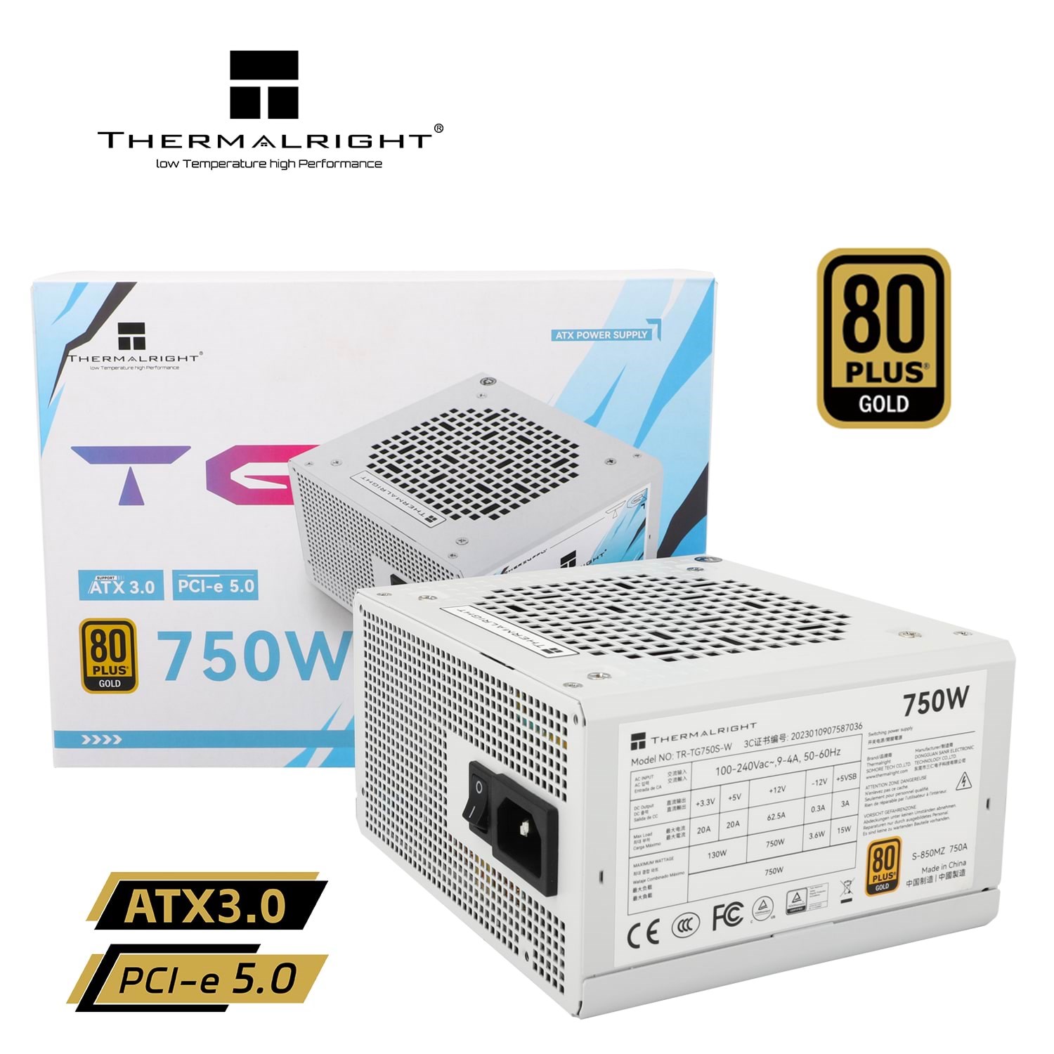 Thermalright TG S (Non-Modular) Hvid - Strømforsyning - 750 Watt - 120 mm - ATX 3.0 - 80 Plus Gold certified Strømforsyning TR-TG 750S-W
